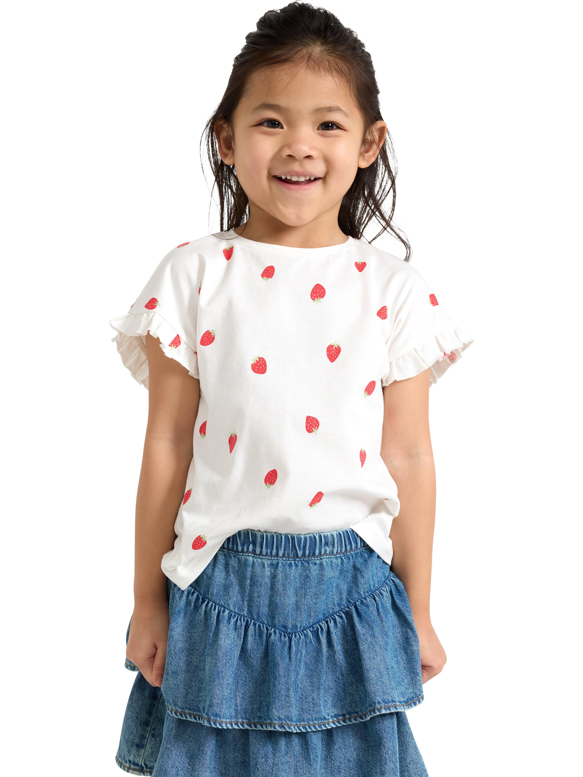 Product image 1 of 6, which shows Lindex Kids' Cotton Strawberry Print T-Shirt, Light Dusty White, 3-4 years
