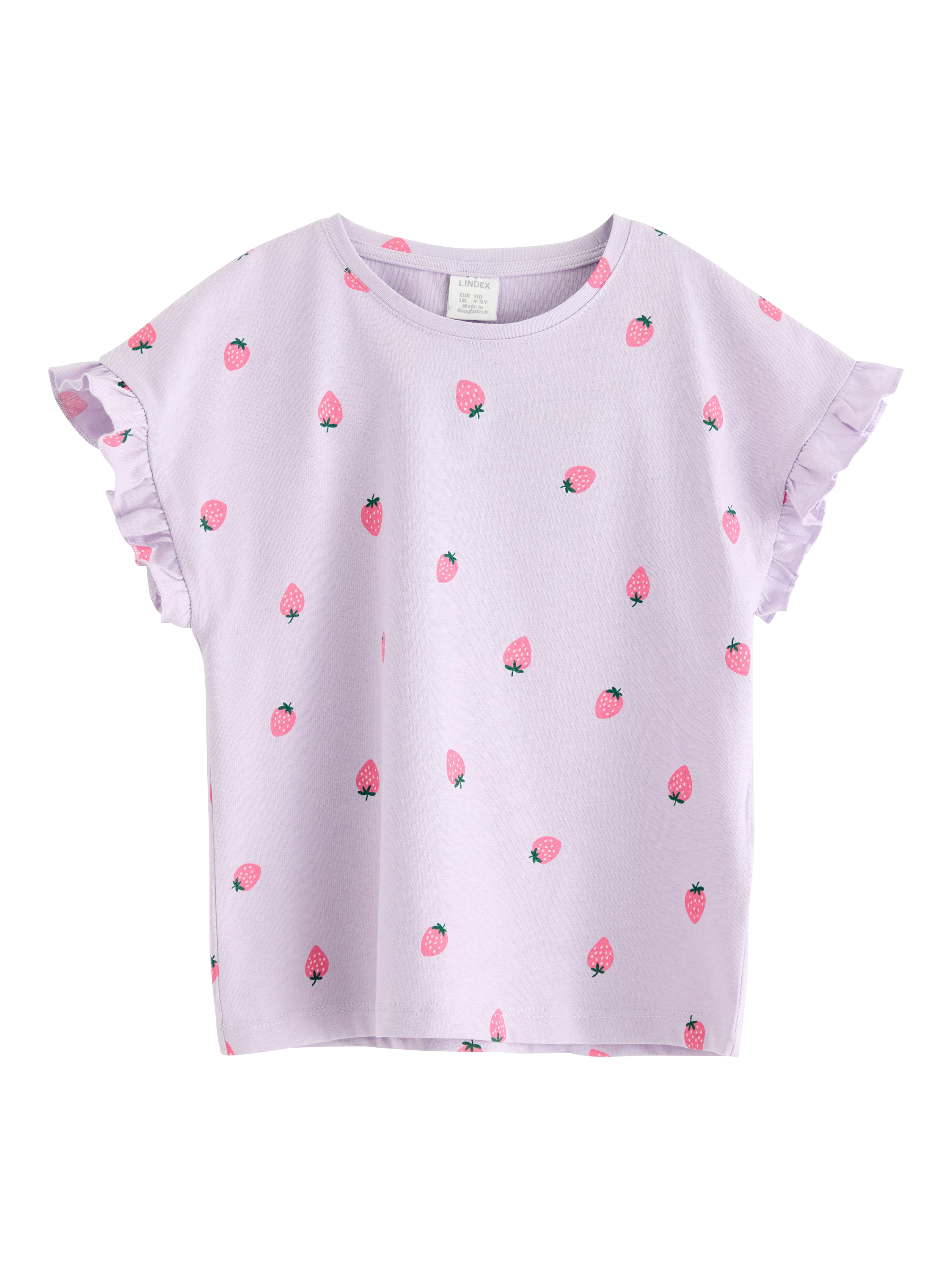 Product image 1 of 3, which shows Lindex Kids' Cotton Strawberry Print Frill Sleeve T-Shirt, Light Dusty Lilac, 3-4 years