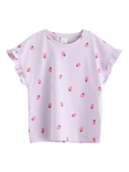 Lindex Kids' Cotton Strawberry Print Frill Sleeve T-Shirt, Light Dusty Lilac