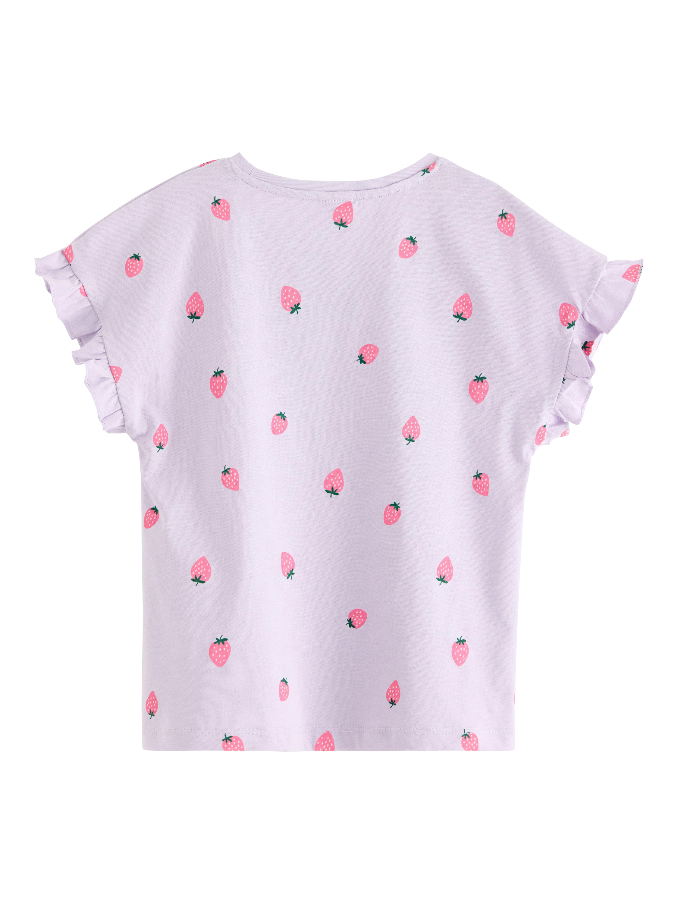 Product image 2 of 3, which shows Lindex Kids' Cotton Strawberry Print Frill Sleeve T-Shirt, Light Dusty Lilac, 3-4 years