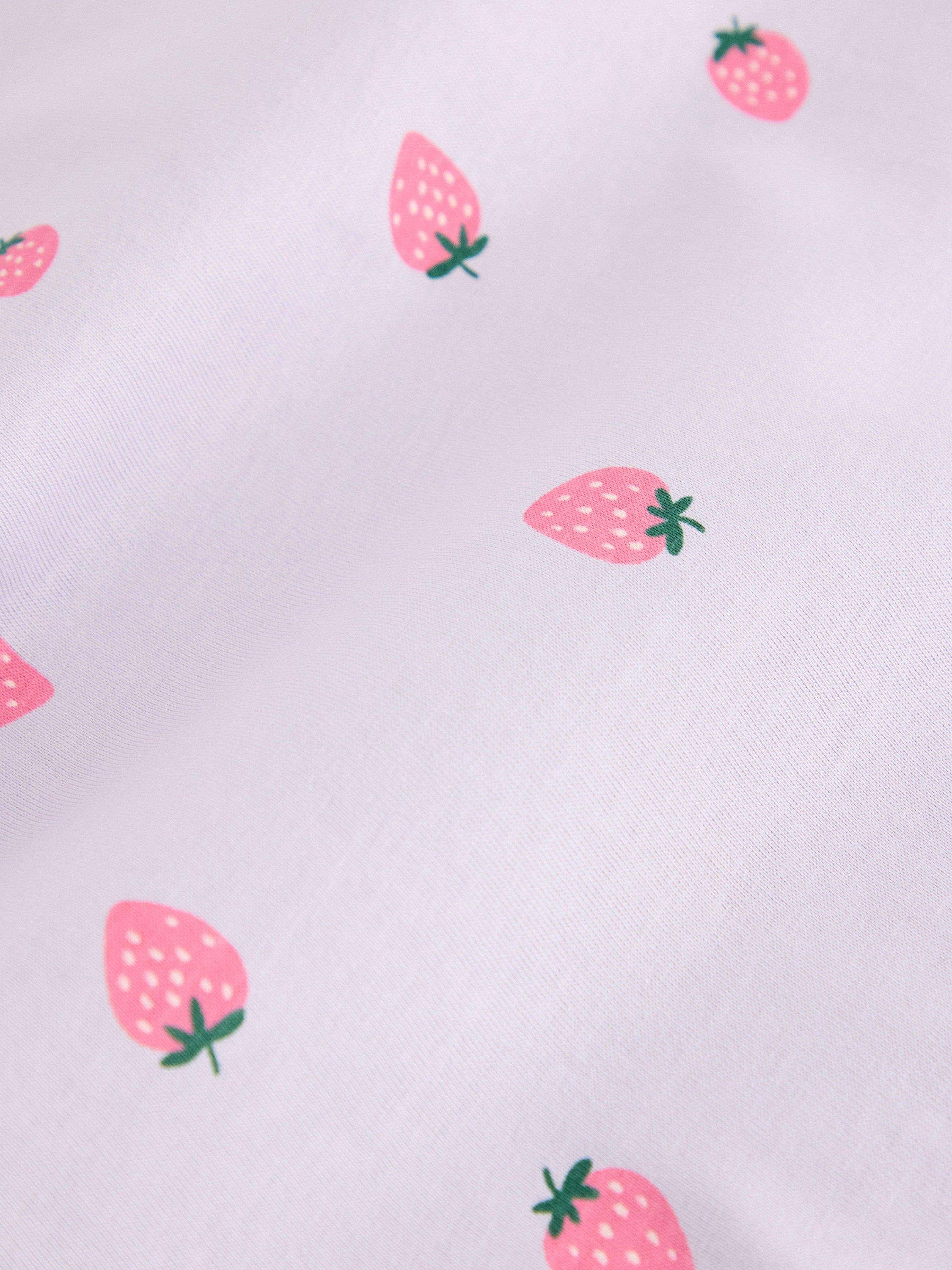Product image 3 of 3, which shows Lindex Kids' Cotton Strawberry Print Frill Sleeve T-Shirt, Light Dusty Lilac, 3-4 years