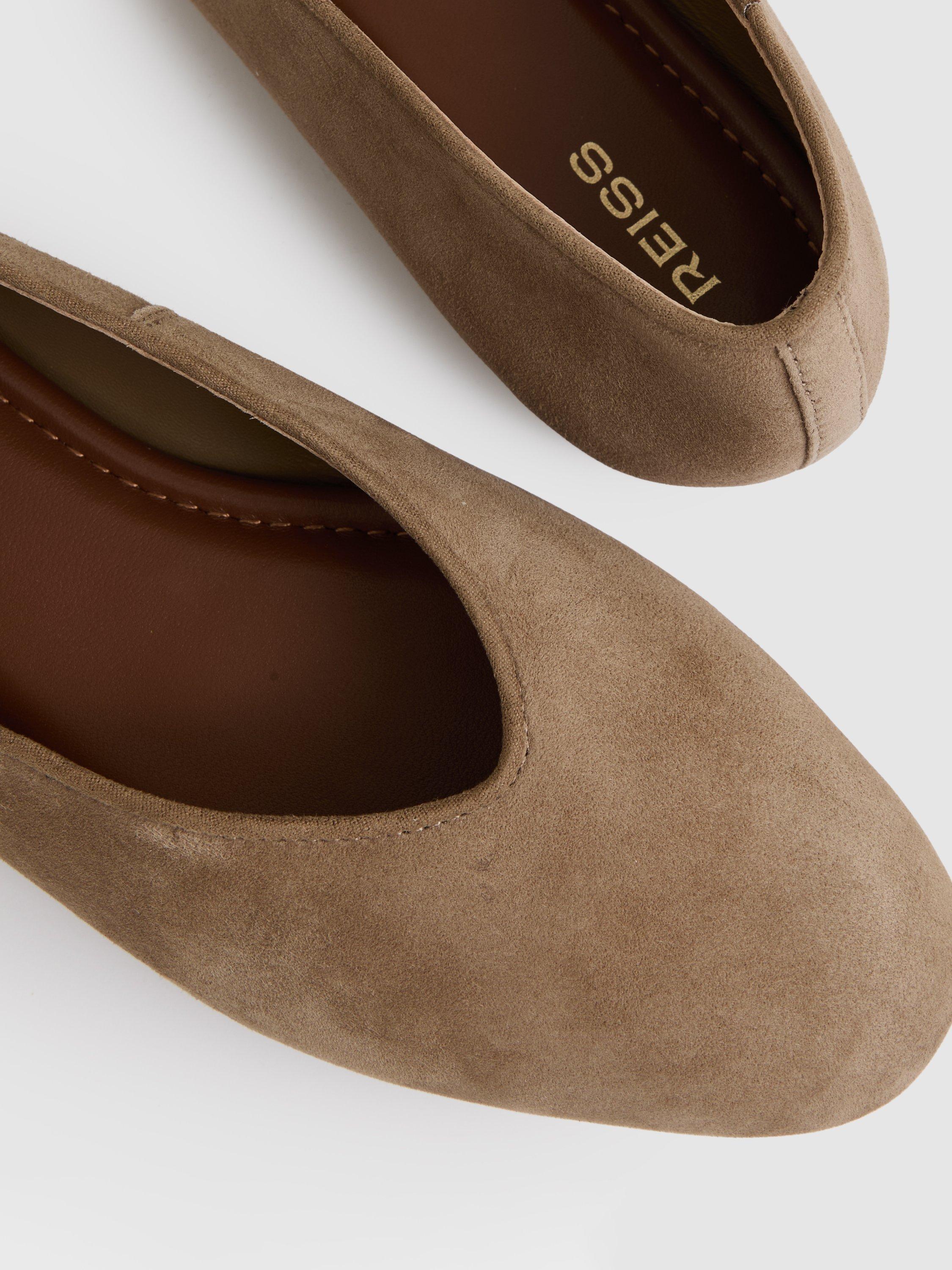 Product image 2 of 5, which shows Reiss Amelia Leather Rounded Point Toe Ballerina Pumps, Taupe, 3