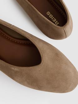Reiss Amelia Leather Rounded Point Toe Ballerina Pumps, Taupe - view 2, Taupe