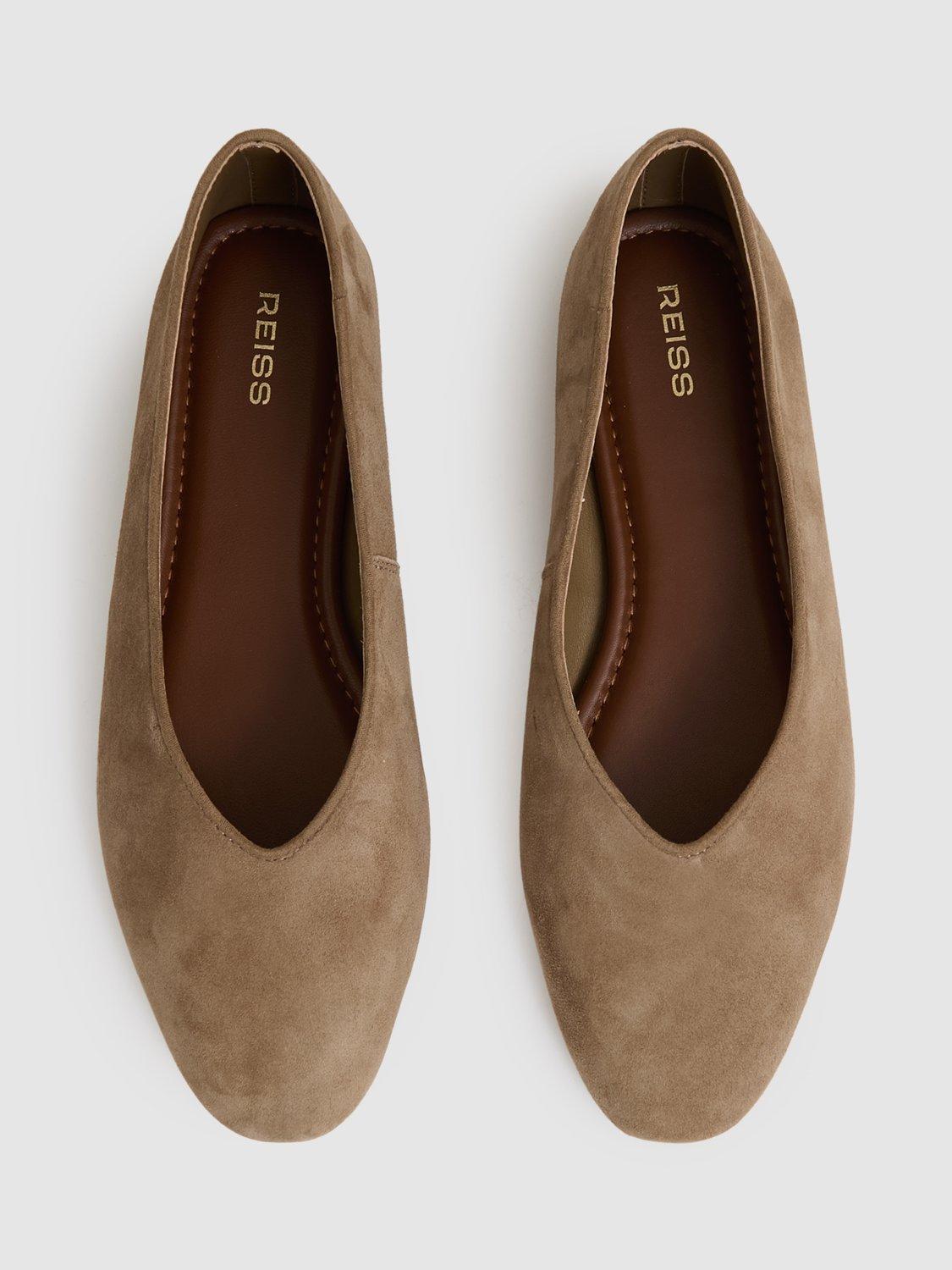 Product image 5 of 5, which shows Reiss Amelia Leather Rounded Point Toe Ballerina Pumps, Taupe, 3