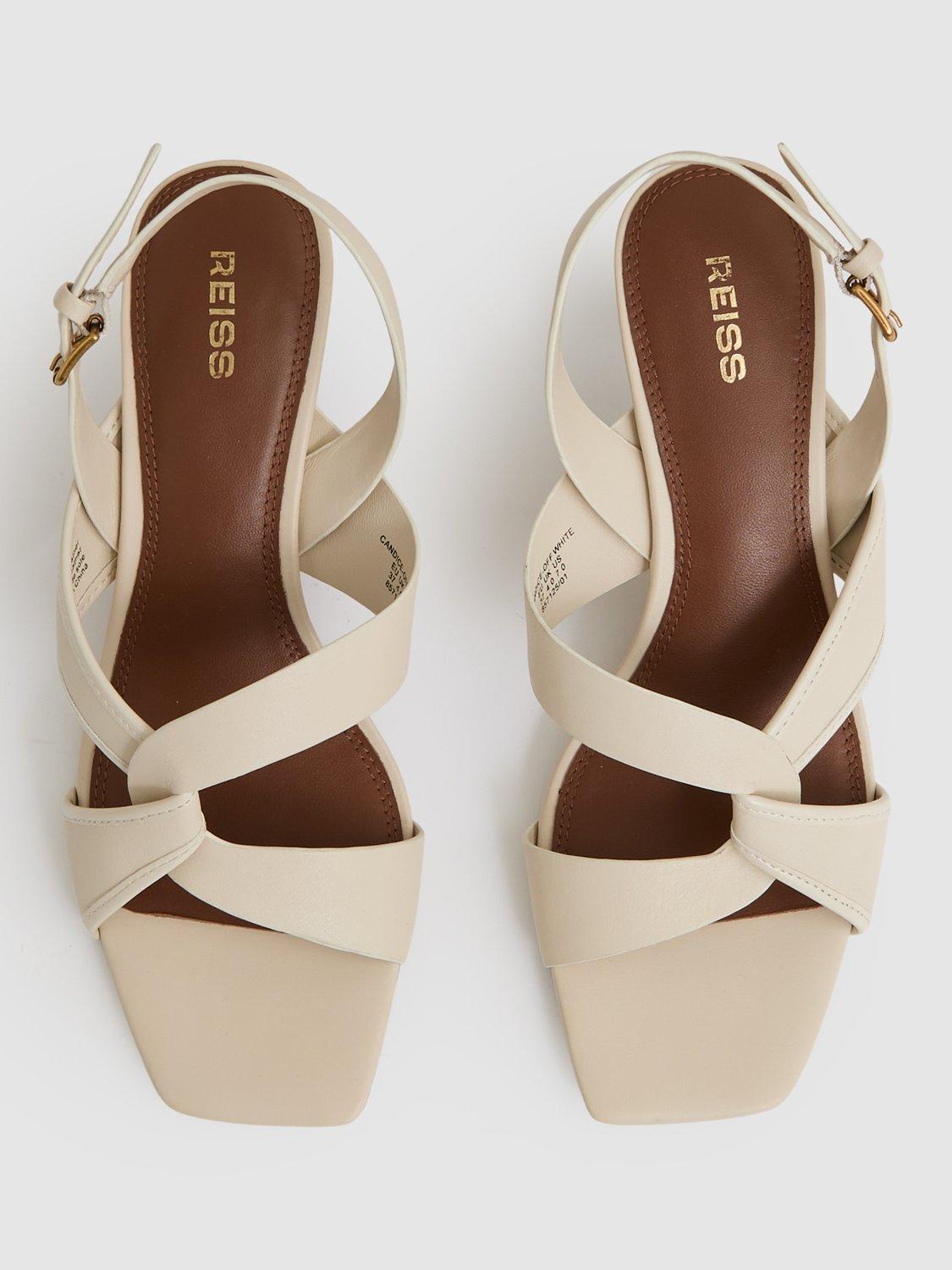 Product image 5 of 5, which shows Reiss Candice Leather Twist Strap Heeled Sandals, Off White, 3