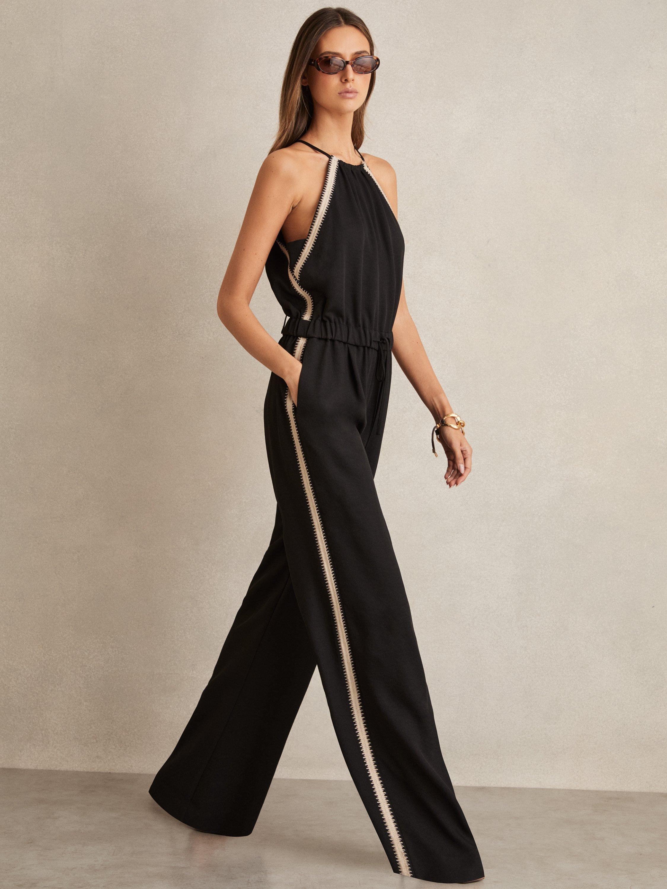 Product image 5 of 5, which shows Reiss Petite Auden Contrast Stripe Jumpsuit, Black, 12Pt