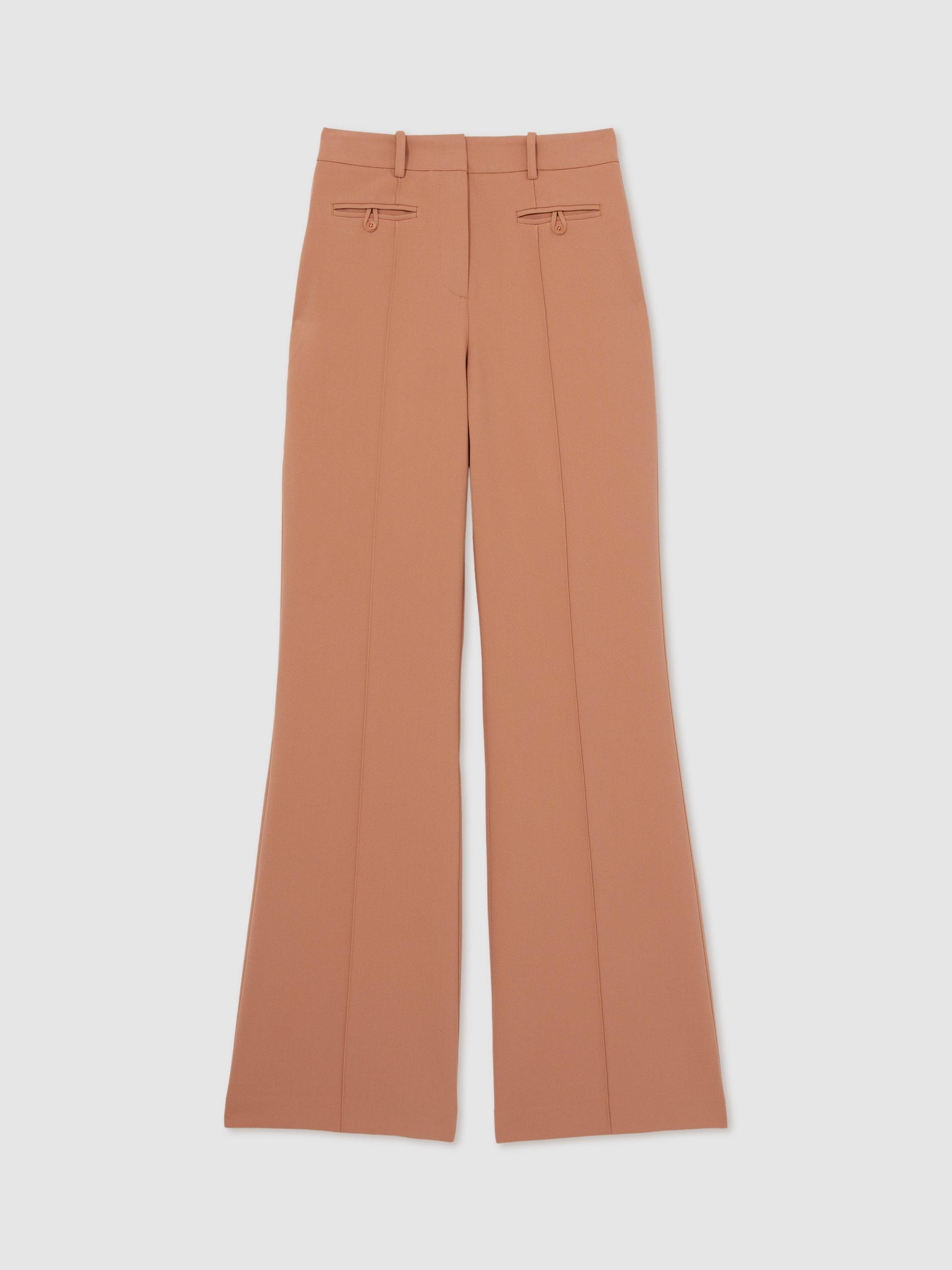 Product image 3 of 5, which shows Reiss Petite Abbey Mid Rise Flared Trousers, Tan, 6Pt