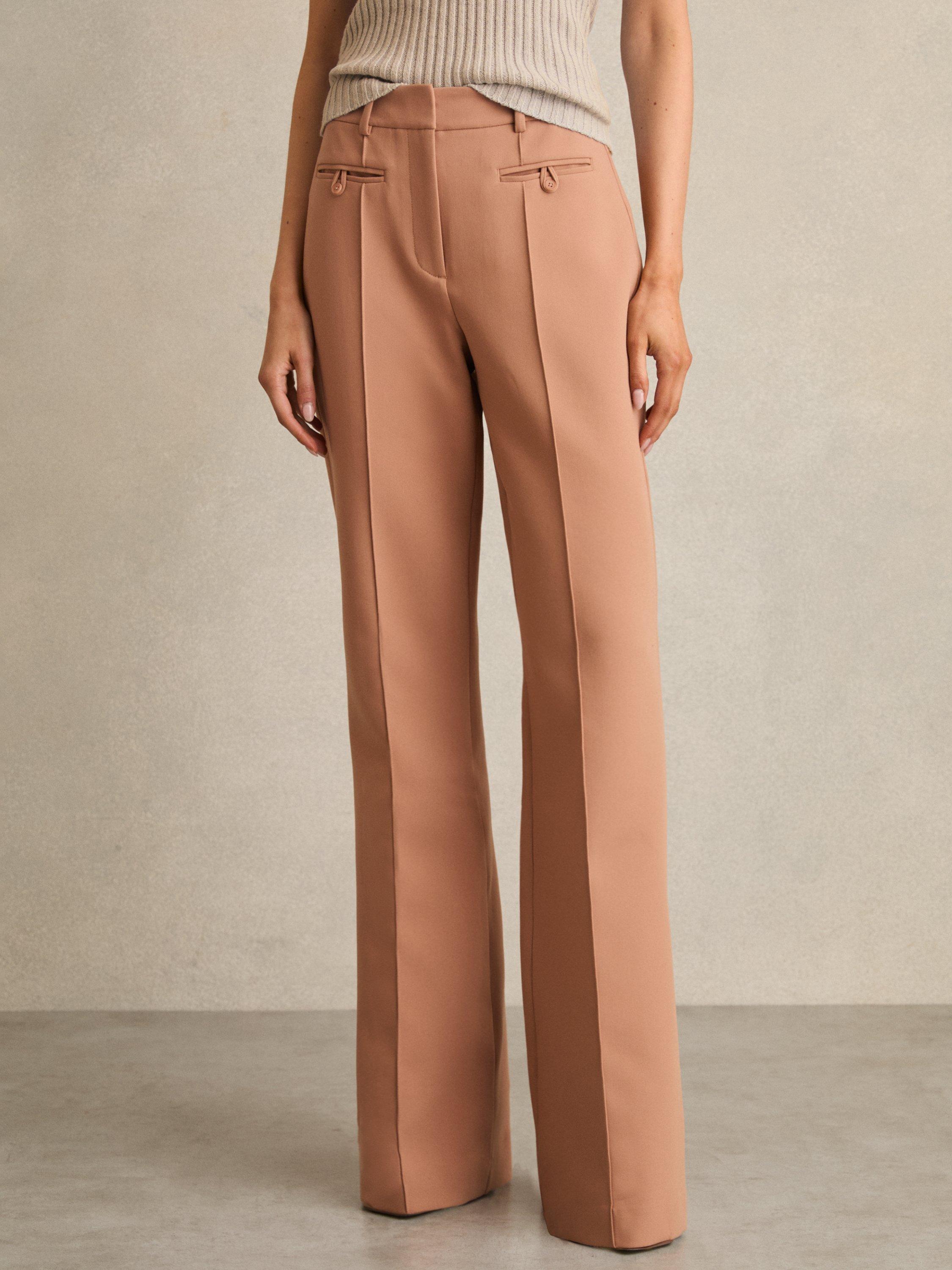Product image 4 of 5, which shows Reiss Petite Abbey Mid Rise Flared Trousers, Tan, 6Pt