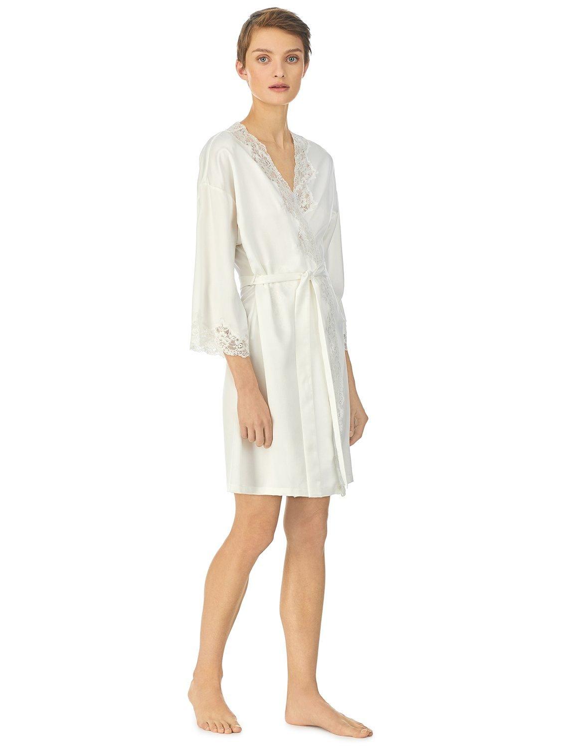 Product image 1 of 3, which shows Lauren Ralph Lauren Lace Trim Satin Dressing Gown, Ivory, XS