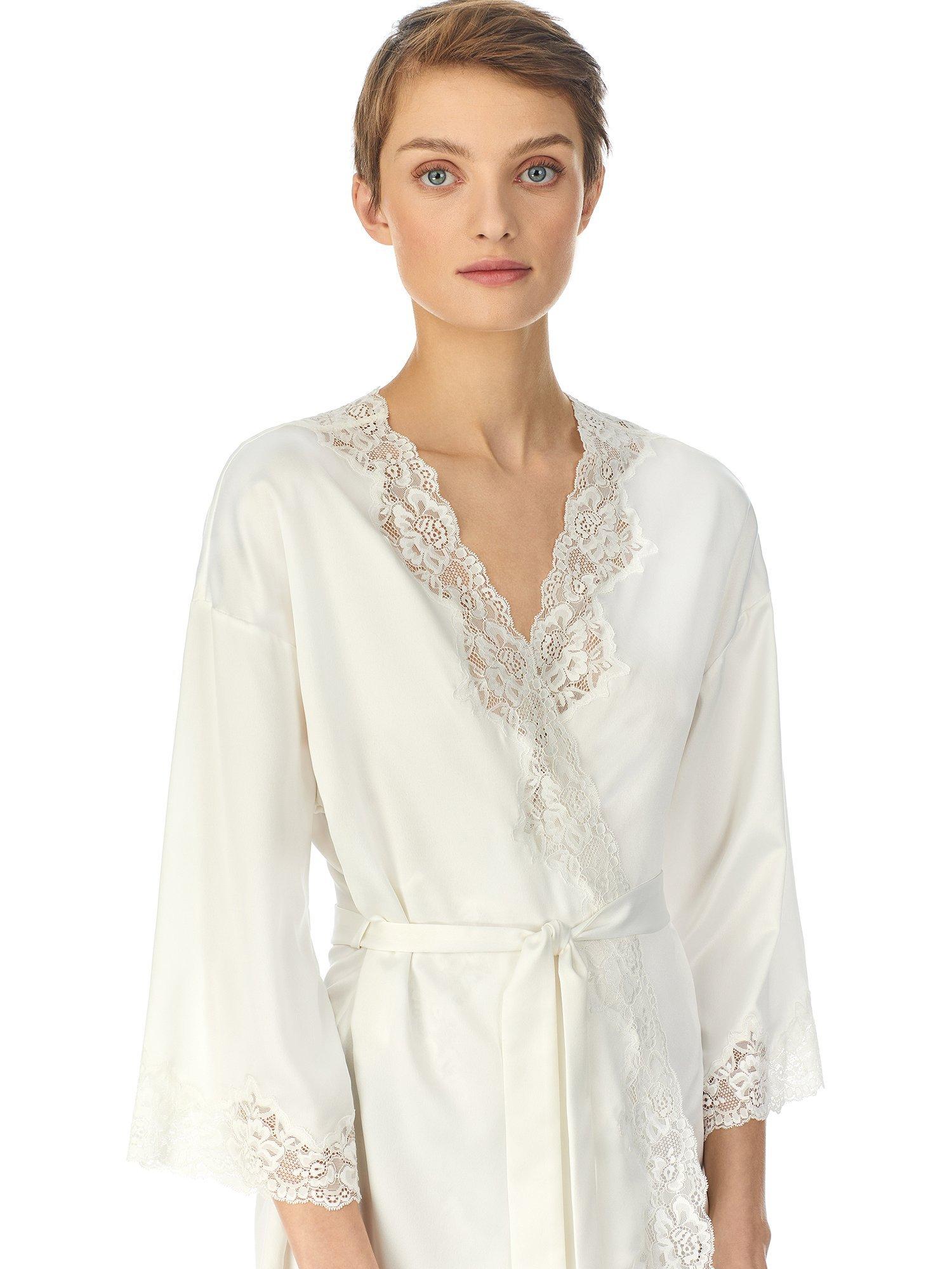 Product image 3 of 3, which shows Lauren Ralph Lauren Lace Trim Satin Dressing Gown, Ivory, XS