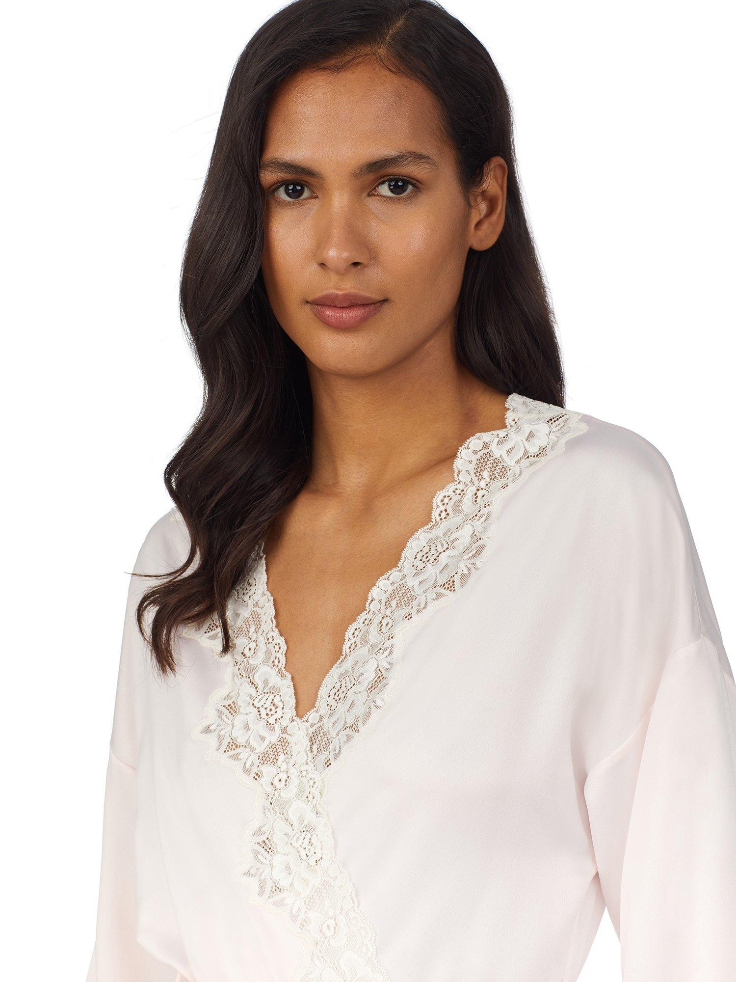 Product image 3 of 4, which shows Lauren Ralph Lauren Lace Trim Satin Dressing Gown, Pink, XS