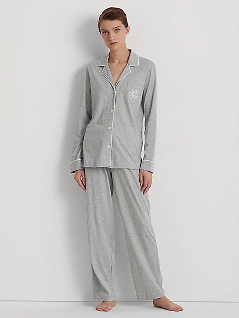 Product image 1 of 4, which shows Lauren Ralph Lauren Contrast Trim Pyjama Set, Grey, XS