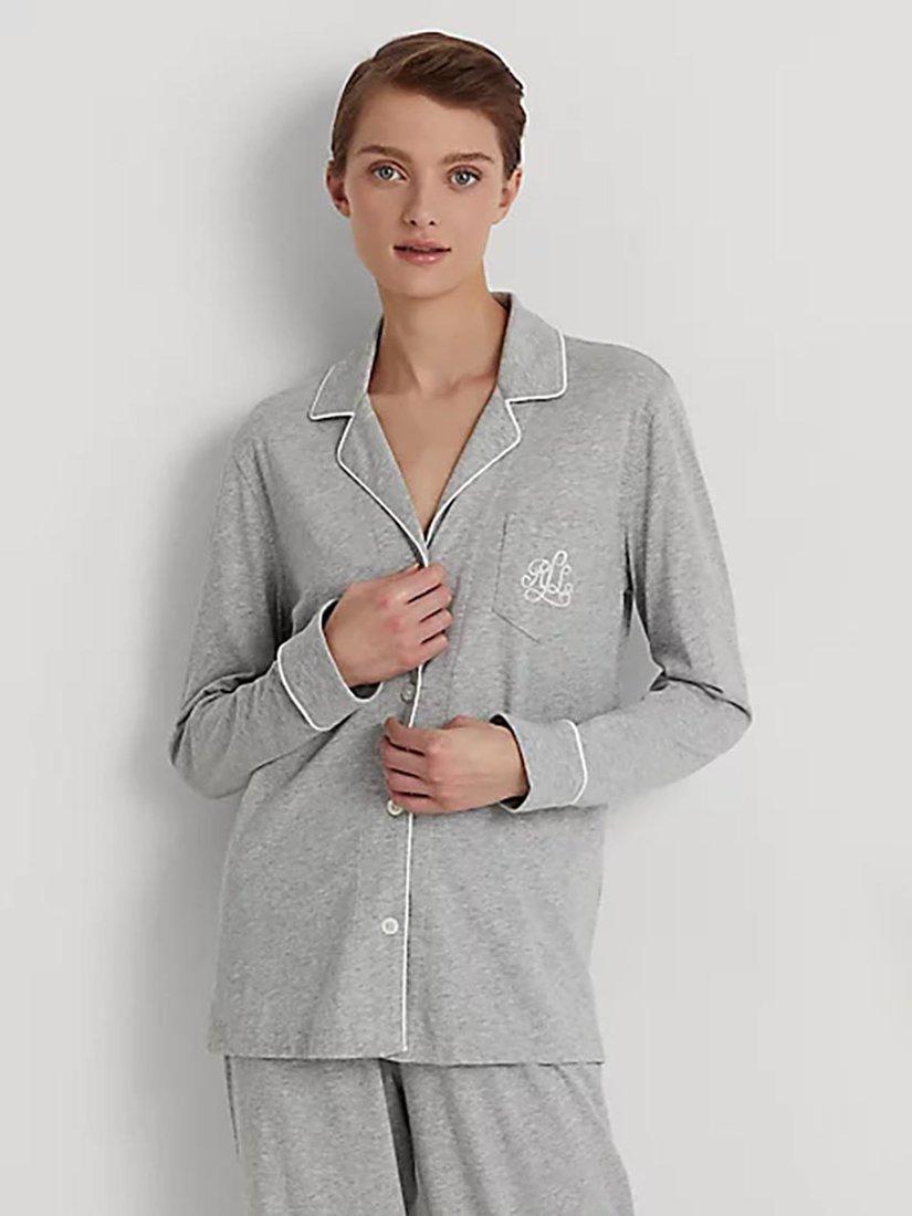 Product image 4 of 4, which shows Lauren Ralph Lauren Contrast Trim Pyjama Set, Grey, XS
