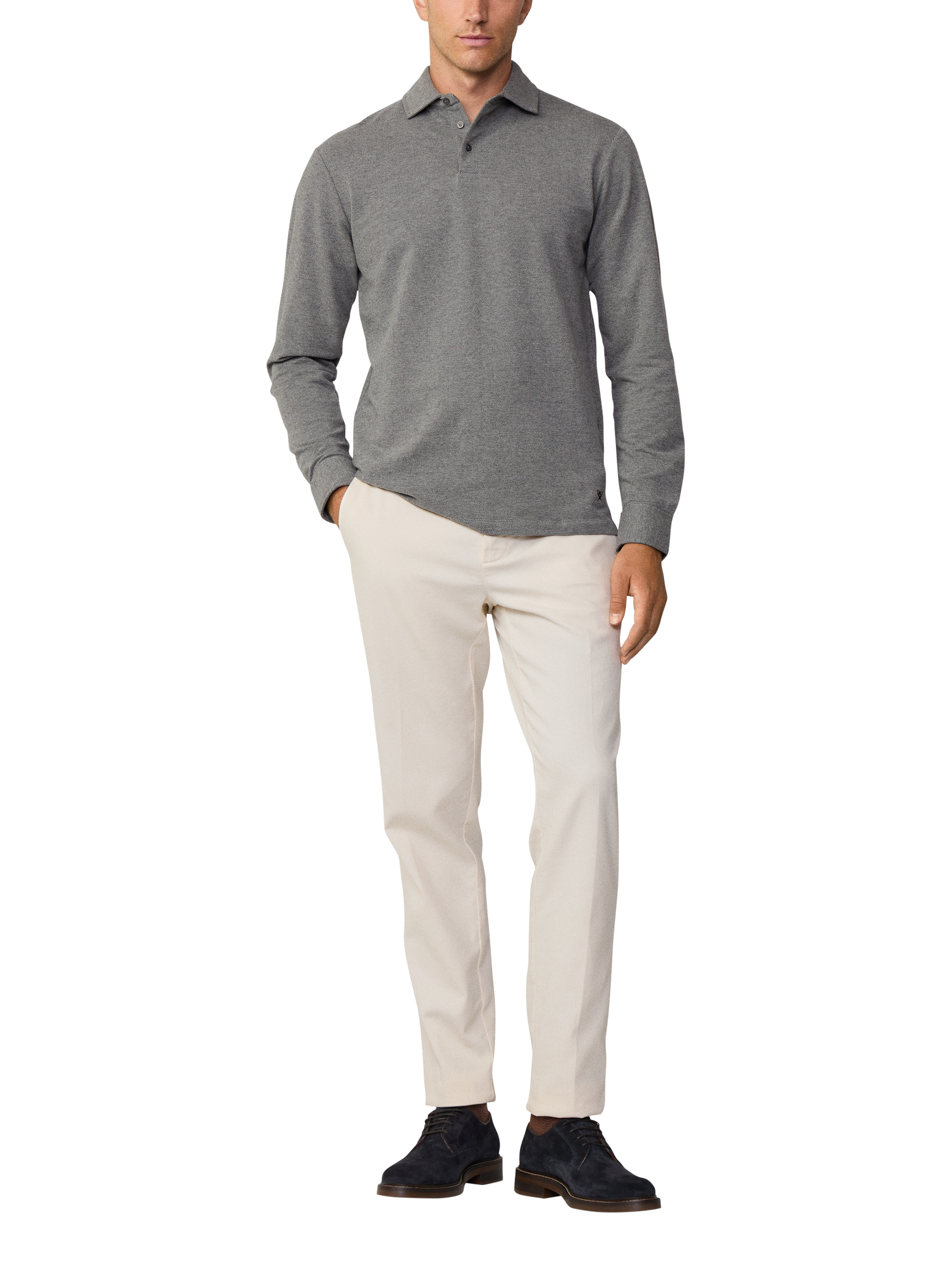 Product image 1 of 6, which shows Hackett London Cotton Blend Regular Fit Long Sleeve Polo Shirt, Granite Grey, XXXL