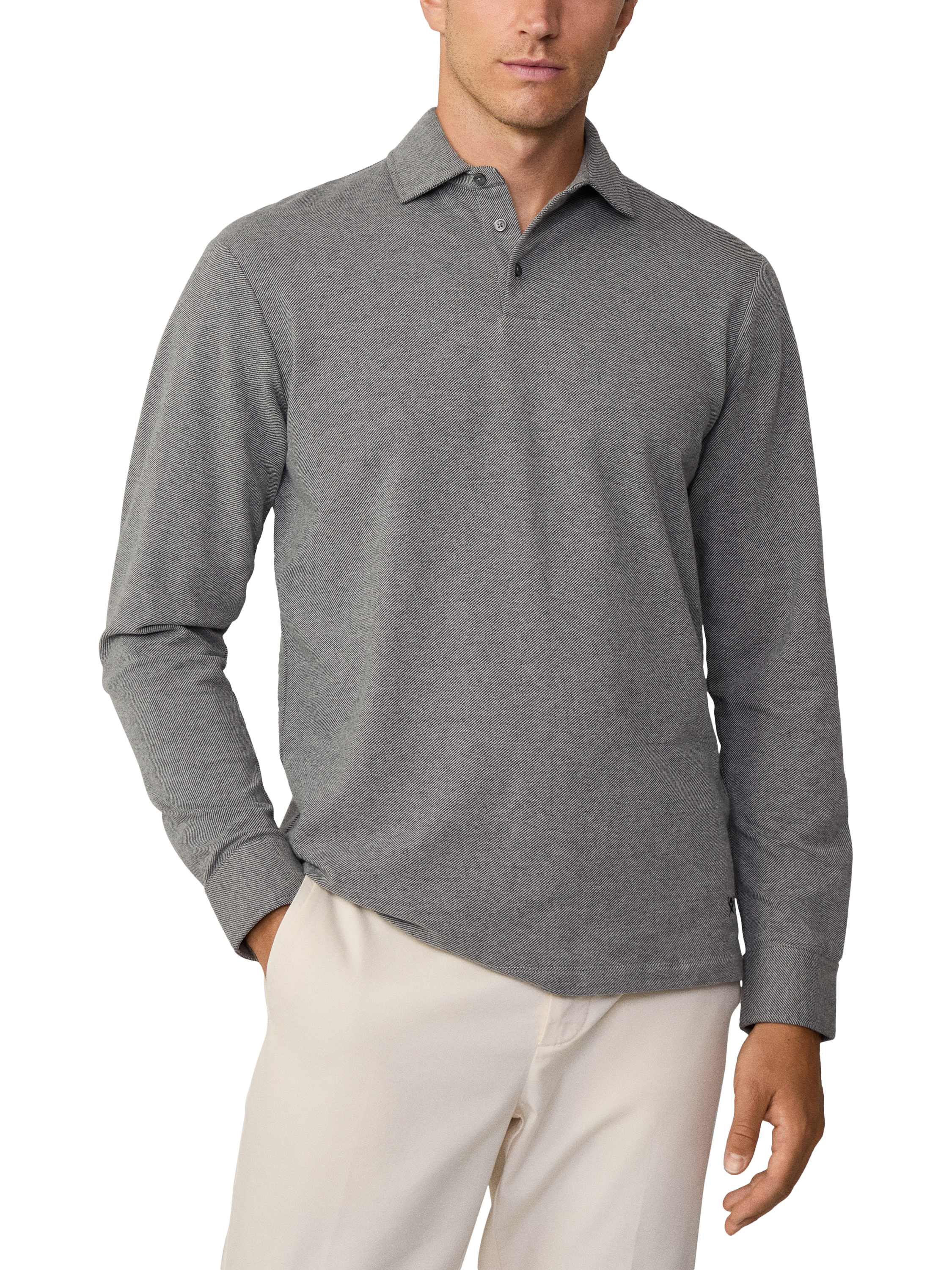 Product image 2 of 6, which shows Hackett London Cotton Blend Regular Fit Long Sleeve Polo Shirt, Granite Grey, XXXL