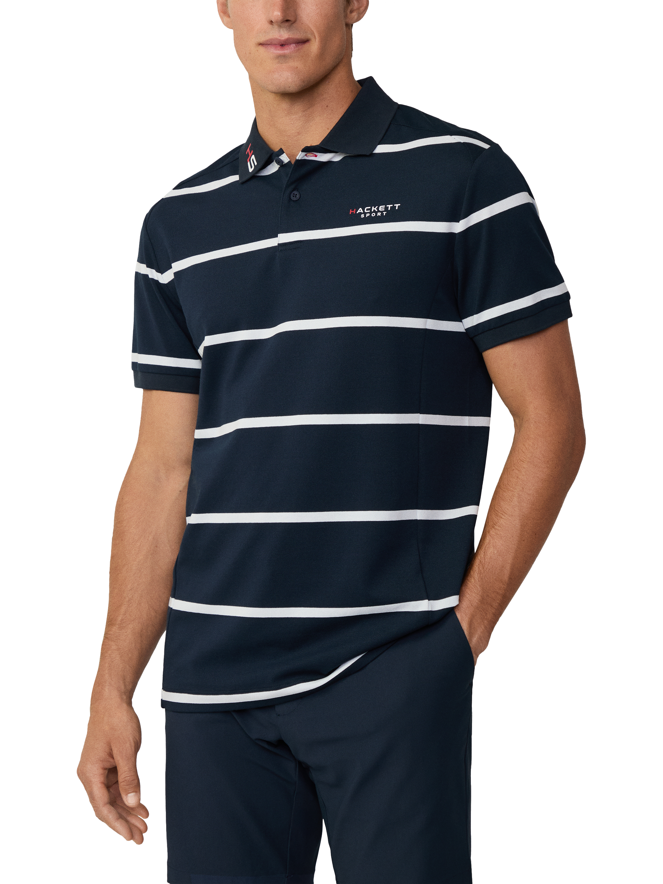 Product image 1 of 6, which shows Hackett London Cotton Blend Regular Fit Sports Polo Shirt, Navy/White, XXL