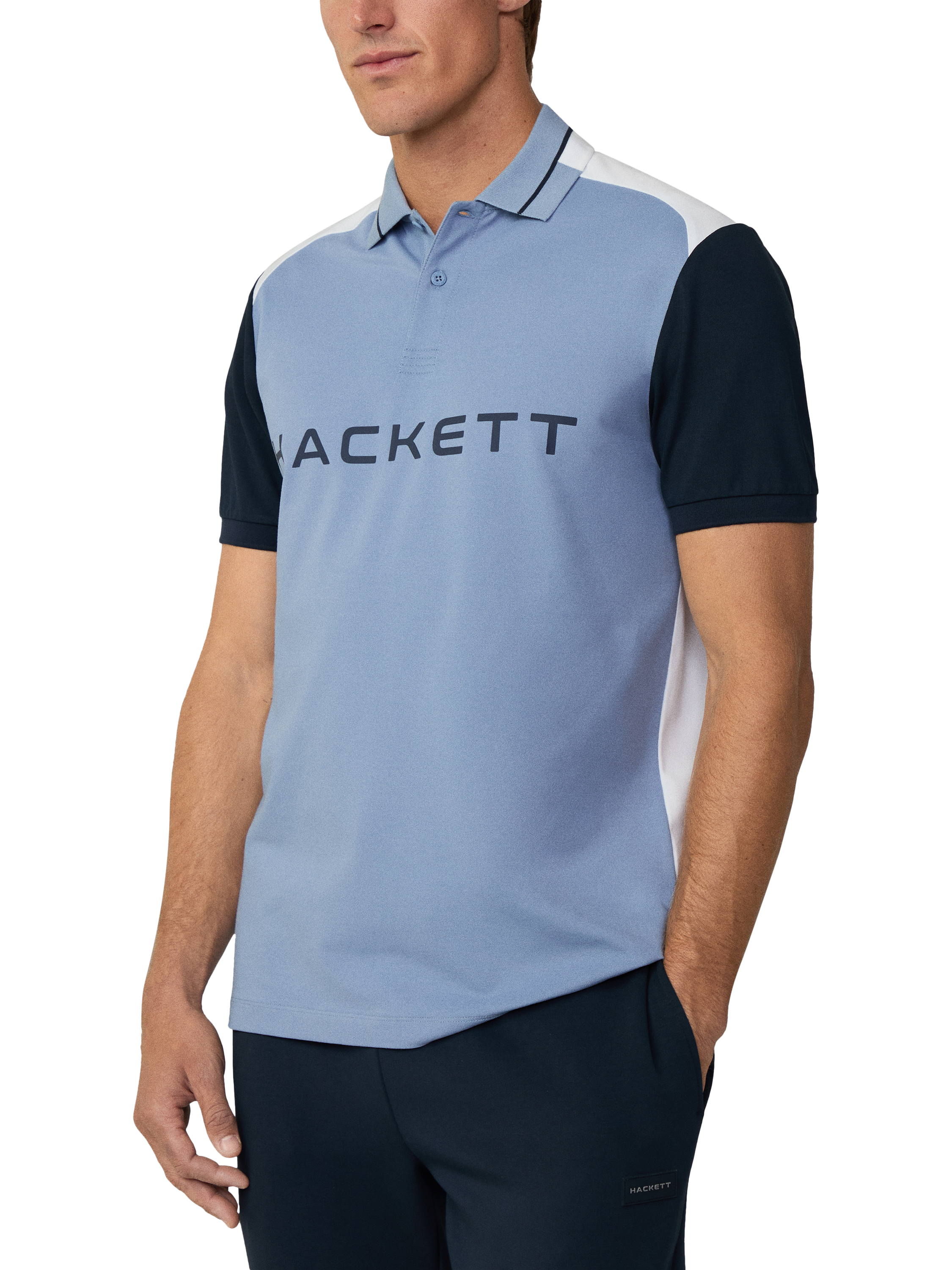 Product image 1 of 6, which shows Hackett London Cotton Blend Regular Fit Sports Polo Shirt, Chambray Blue, XXXL