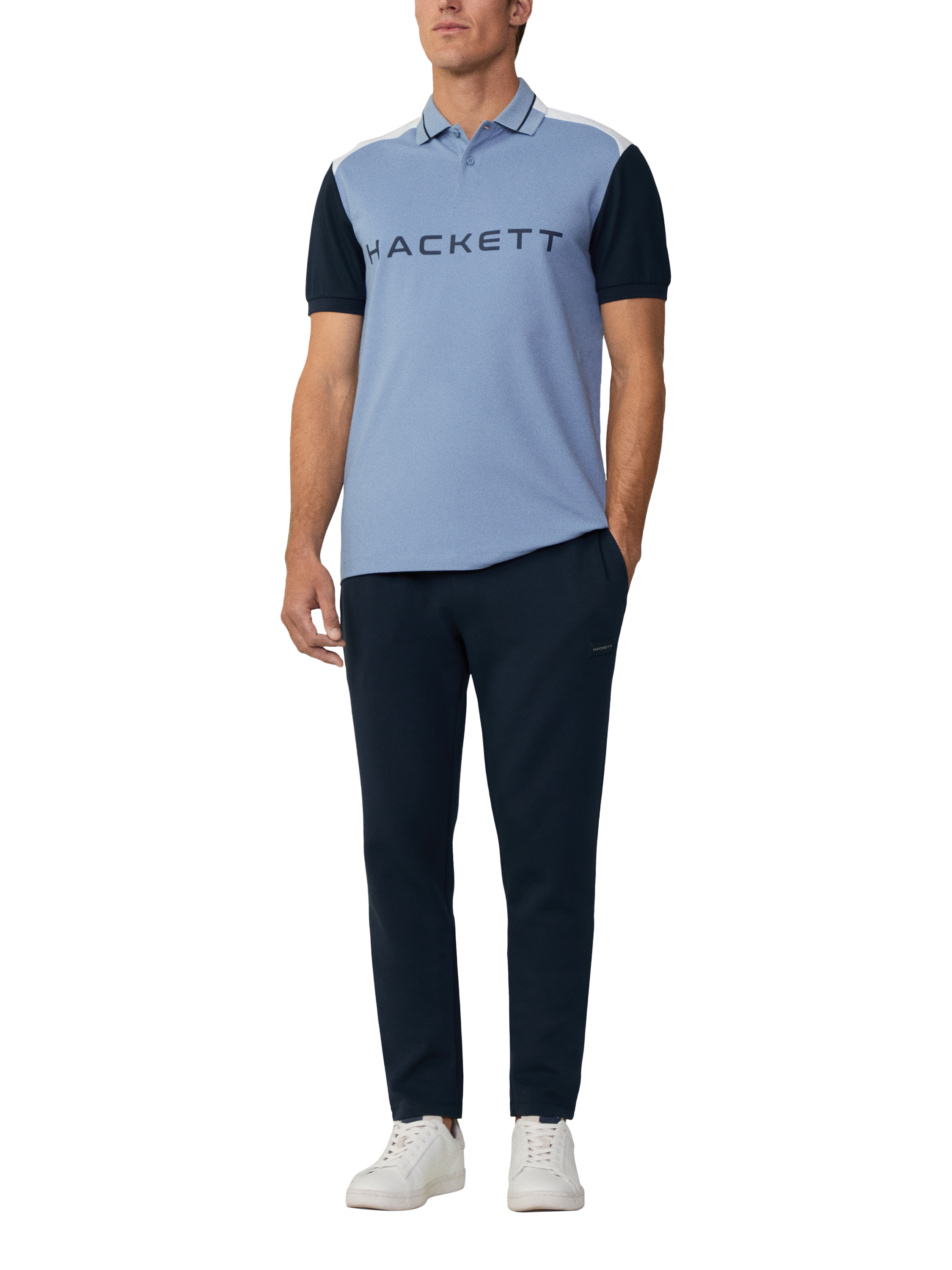 Product image 2 of 6, which shows Hackett London Cotton Blend Regular Fit Sports Polo Shirt, Chambray Blue, XXXL