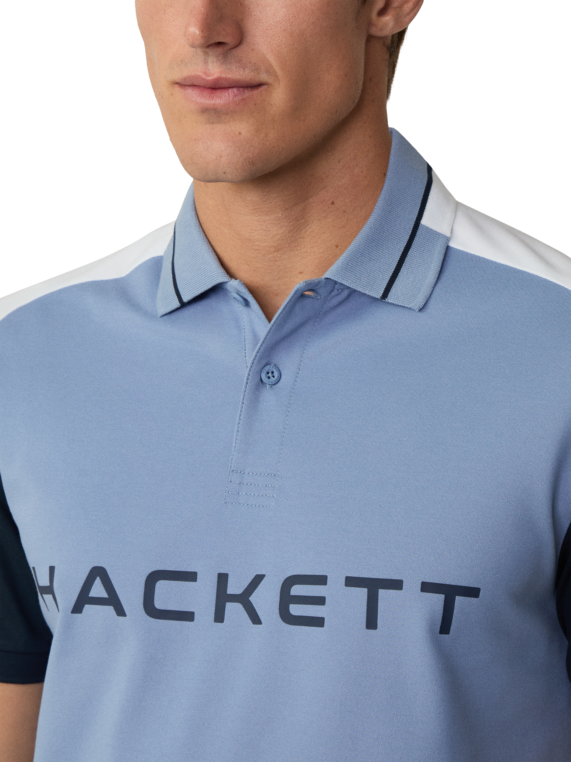 Product image 4 of 6, which shows Hackett London Cotton Blend Regular Fit Sports Polo Shirt, Chambray Blue, XXXL