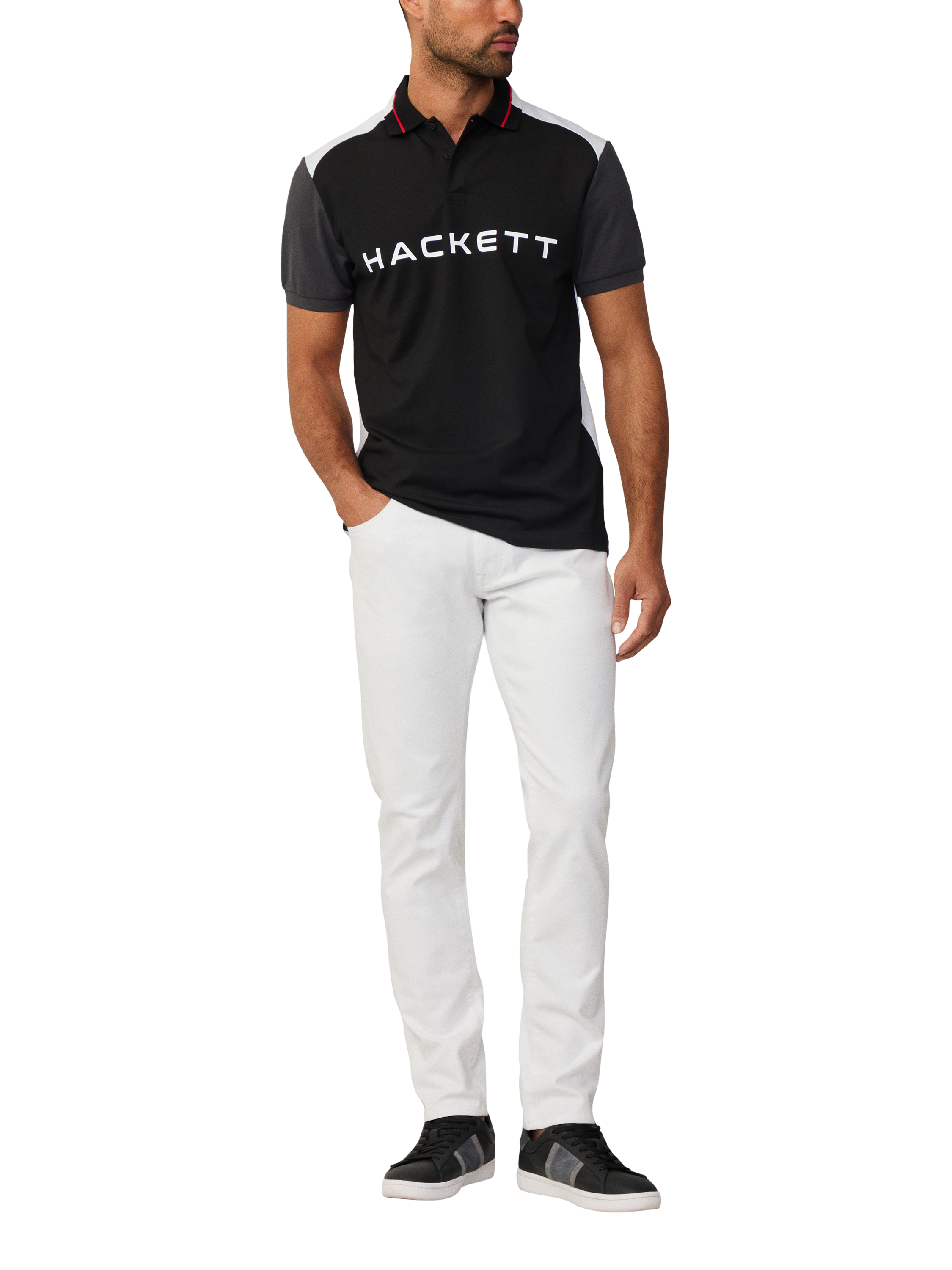 Product image 1 of 6, which shows Hackett London Sport Cotton Blend Regular Fit Short Sleeve Polo Shirt, Black, XS