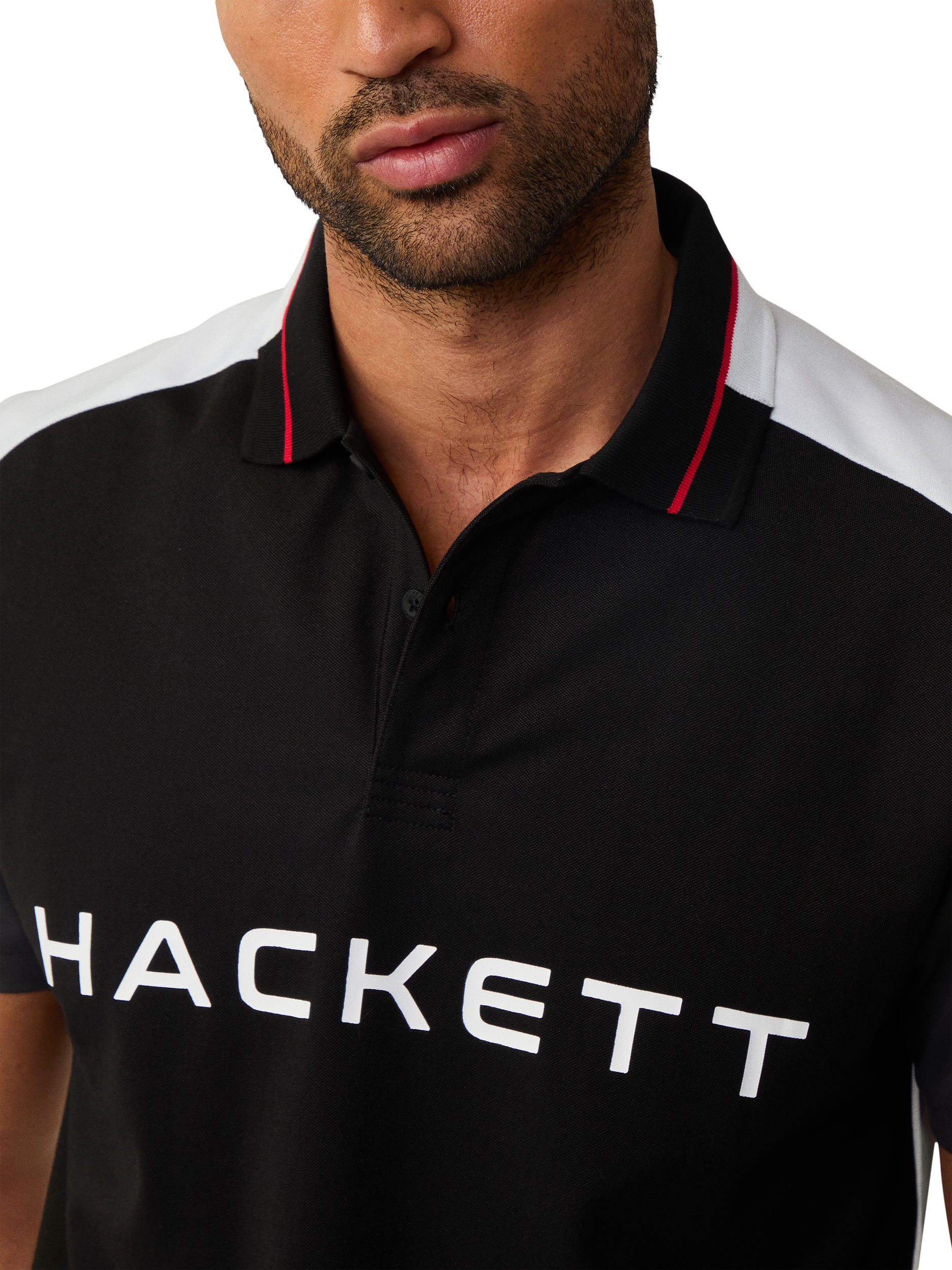 Product image 2 of 6, which shows Hackett London Sport Cotton Blend Regular Fit Short Sleeve Polo Shirt, Black, XS
