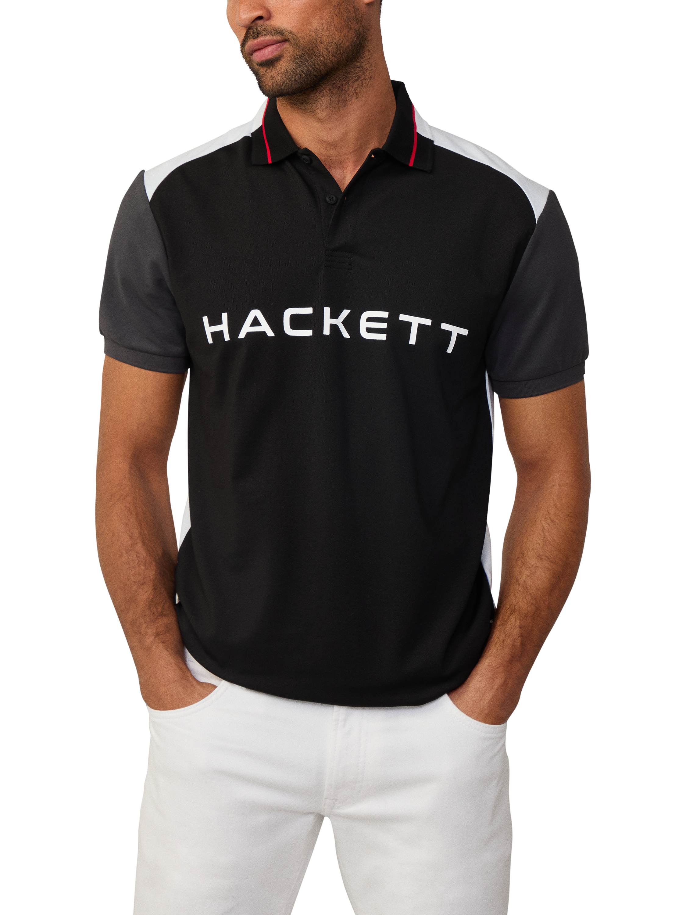 Product image 4 of 6, which shows Hackett London Sport Cotton Blend Regular Fit Short Sleeve Polo Shirt, Black, XS