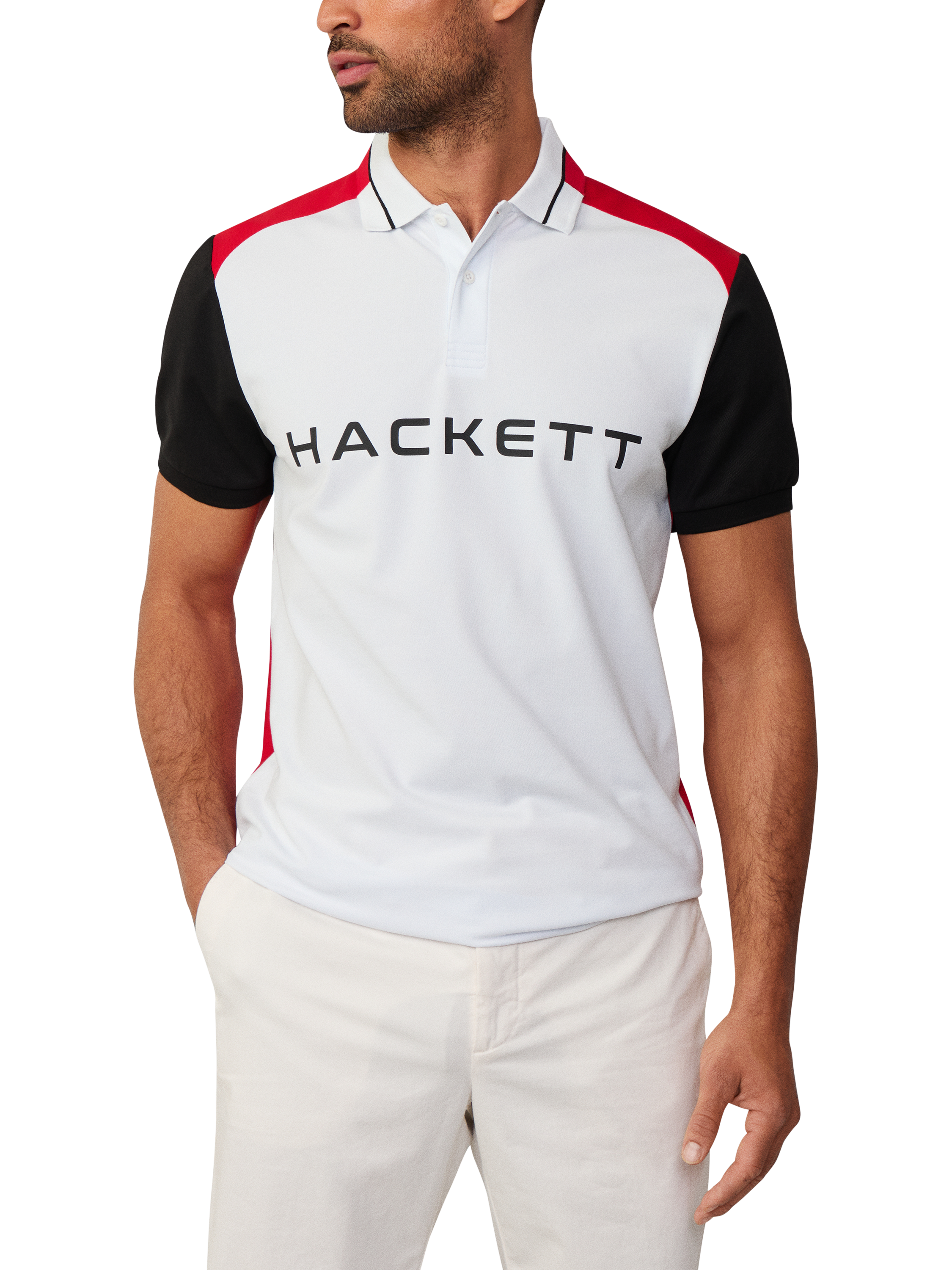 Product image 2 of 6, which shows Hackett London Sport Cotton Blend Regular Fit Short Sleeve Polo Shirt, White, XS