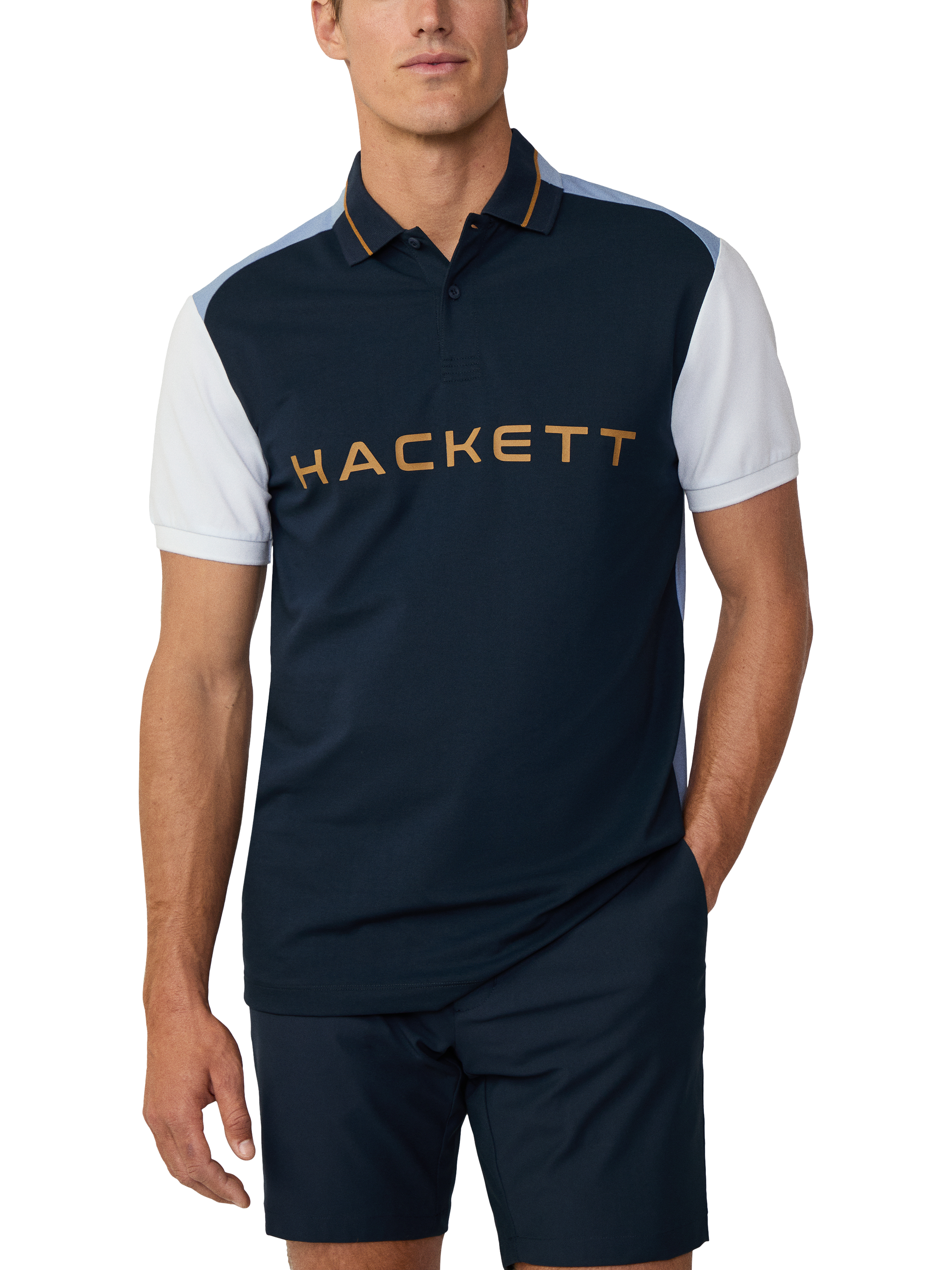 Product image 1 of 6, which shows Hackett London Sport Cotton Blend Regular Fit Short Sleeve Polo Shirt, Navy, XS