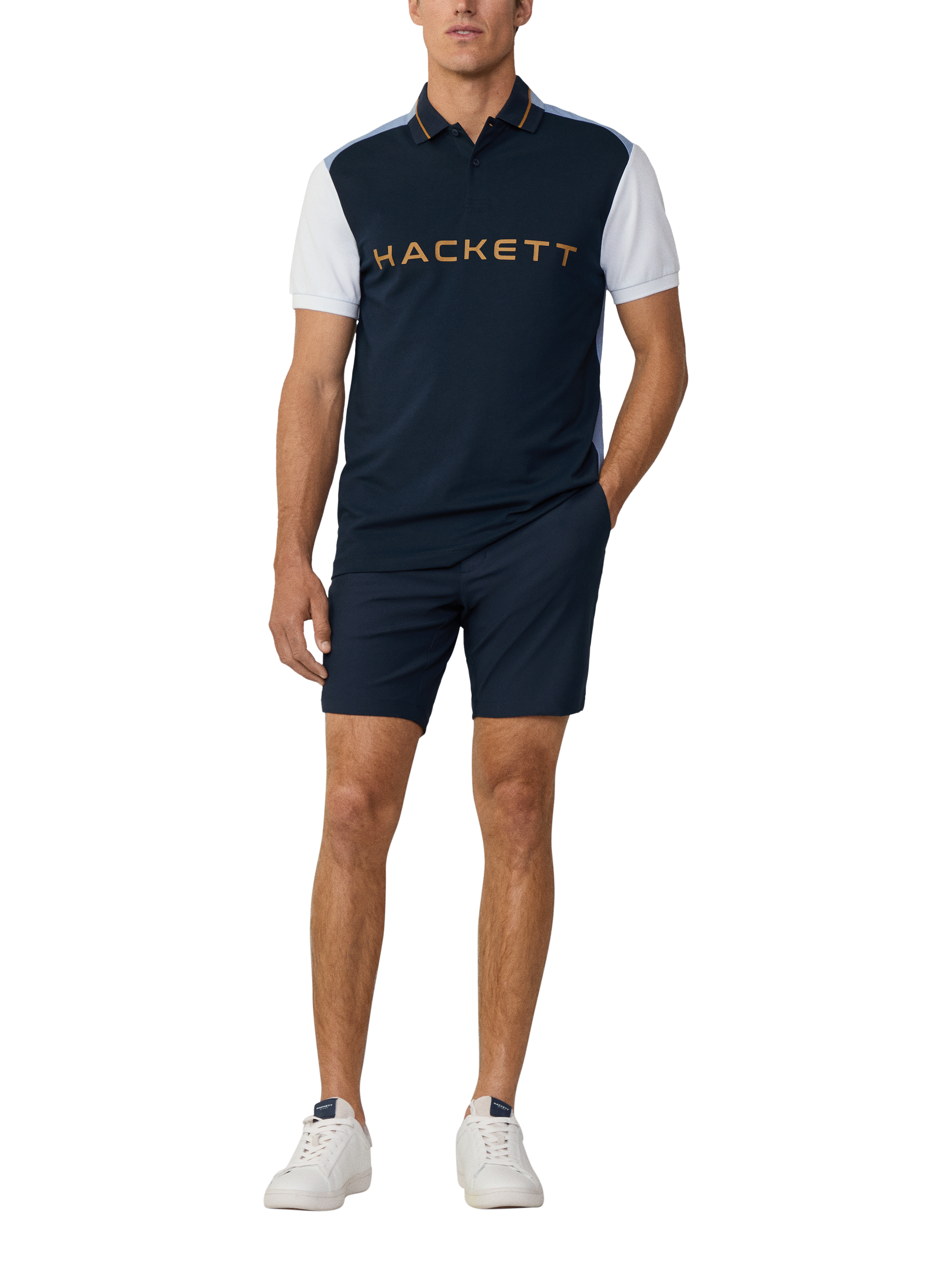 Product image 2 of 6, which shows Hackett London Sport Cotton Blend Regular Fit Short Sleeve Polo Shirt, Navy, XS