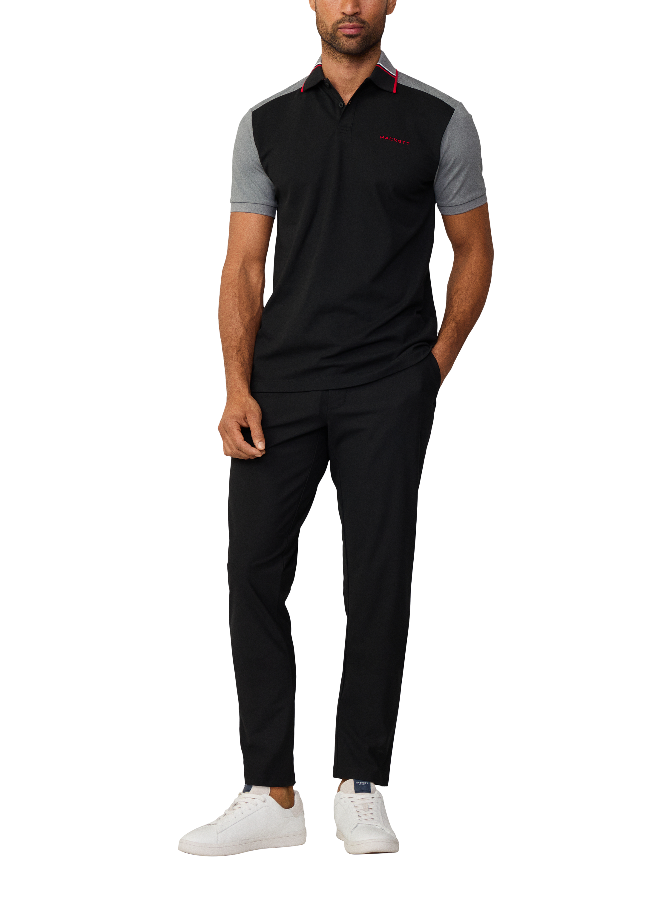 Product image 1 of 6, which shows Hackett London Cotton Blend Regular Fit Two-Toned Polo Shirt, Black, XXL