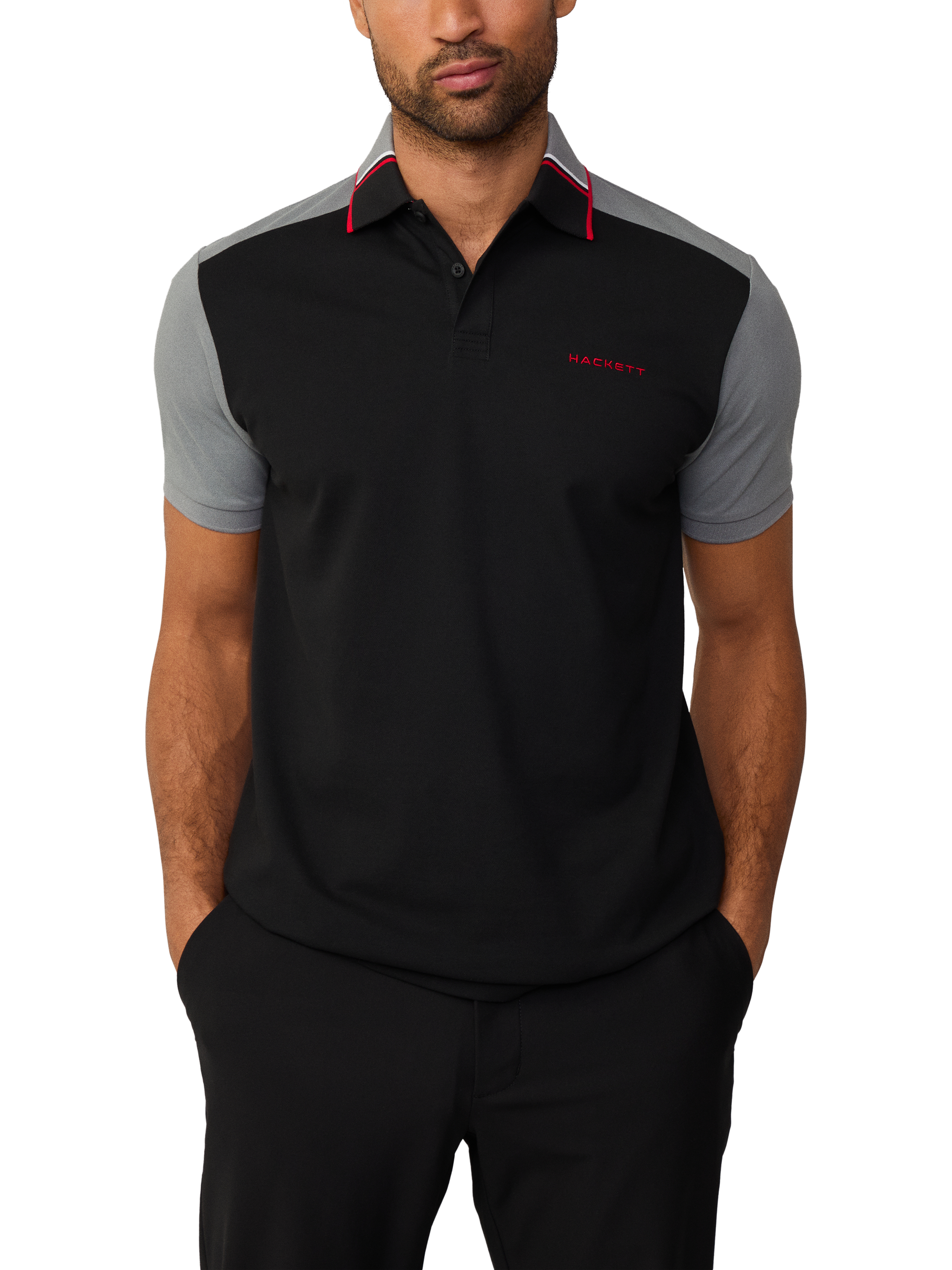 Product image 2 of 6, which shows Hackett London Cotton Blend Regular Fit Two-Toned Polo Shirt, Black, XXL
