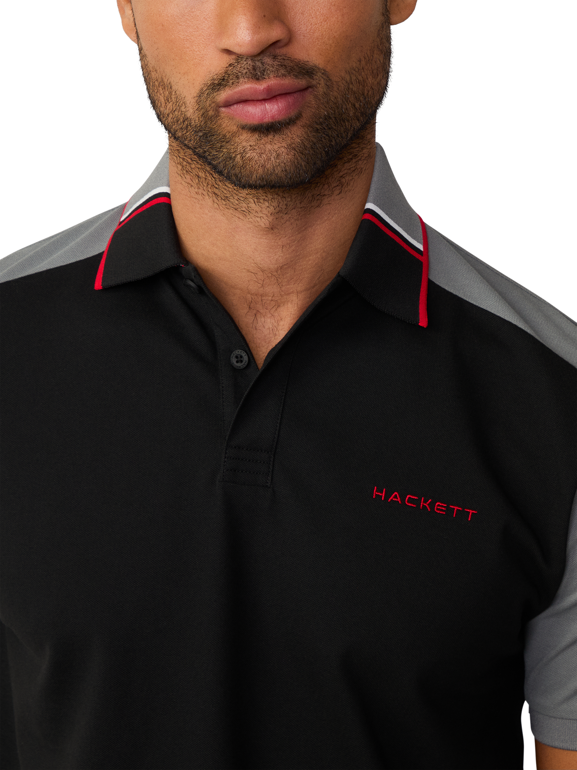 Product image 4 of 6, which shows Hackett London Cotton Blend Regular Fit Two-Toned Polo Shirt, Black, XXL