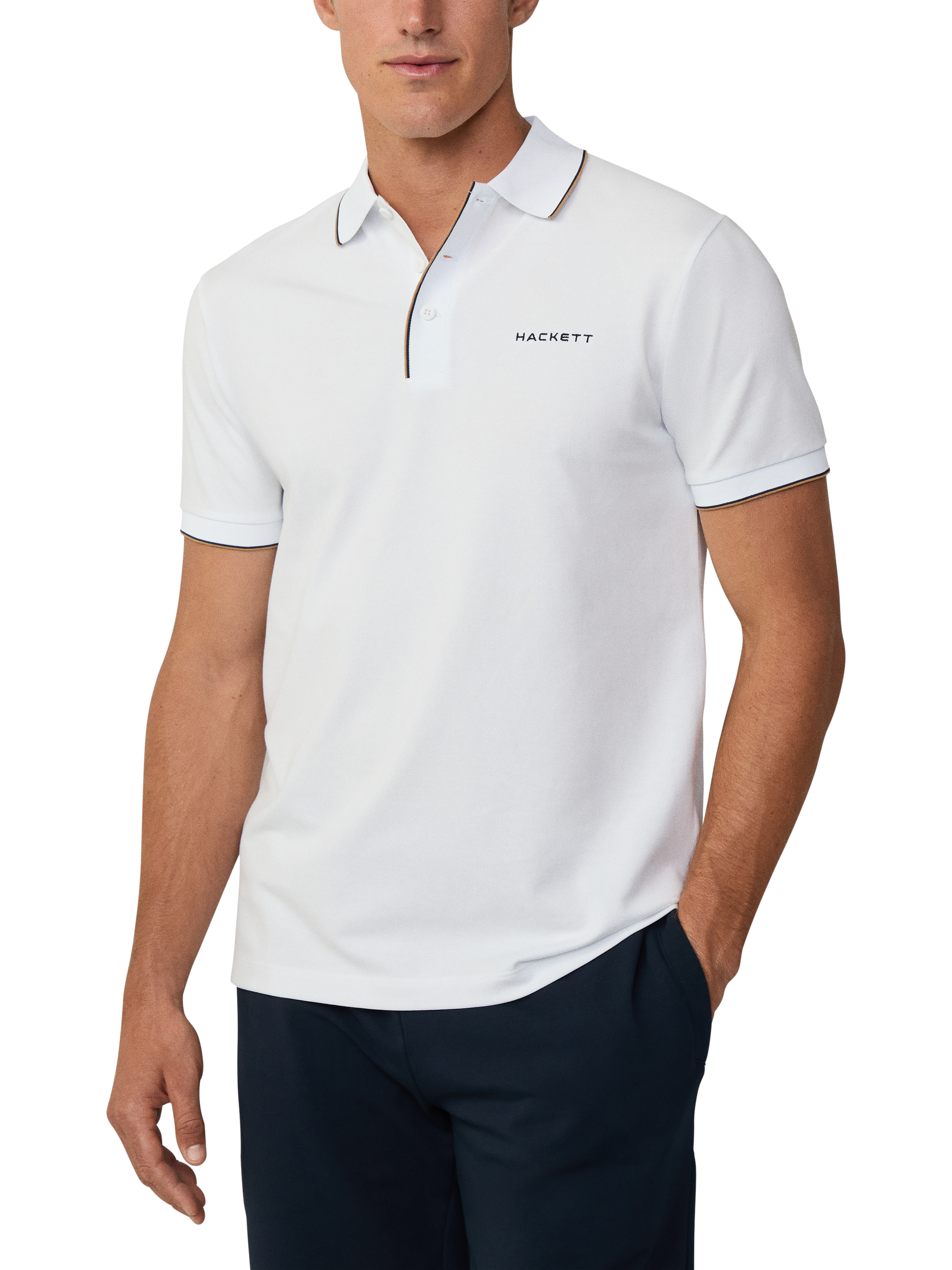 Product image 2 of 6, which shows Hackett London Sports Cotton Blend Regular Fit Short Sleeve Polo Shirt, White, XXL