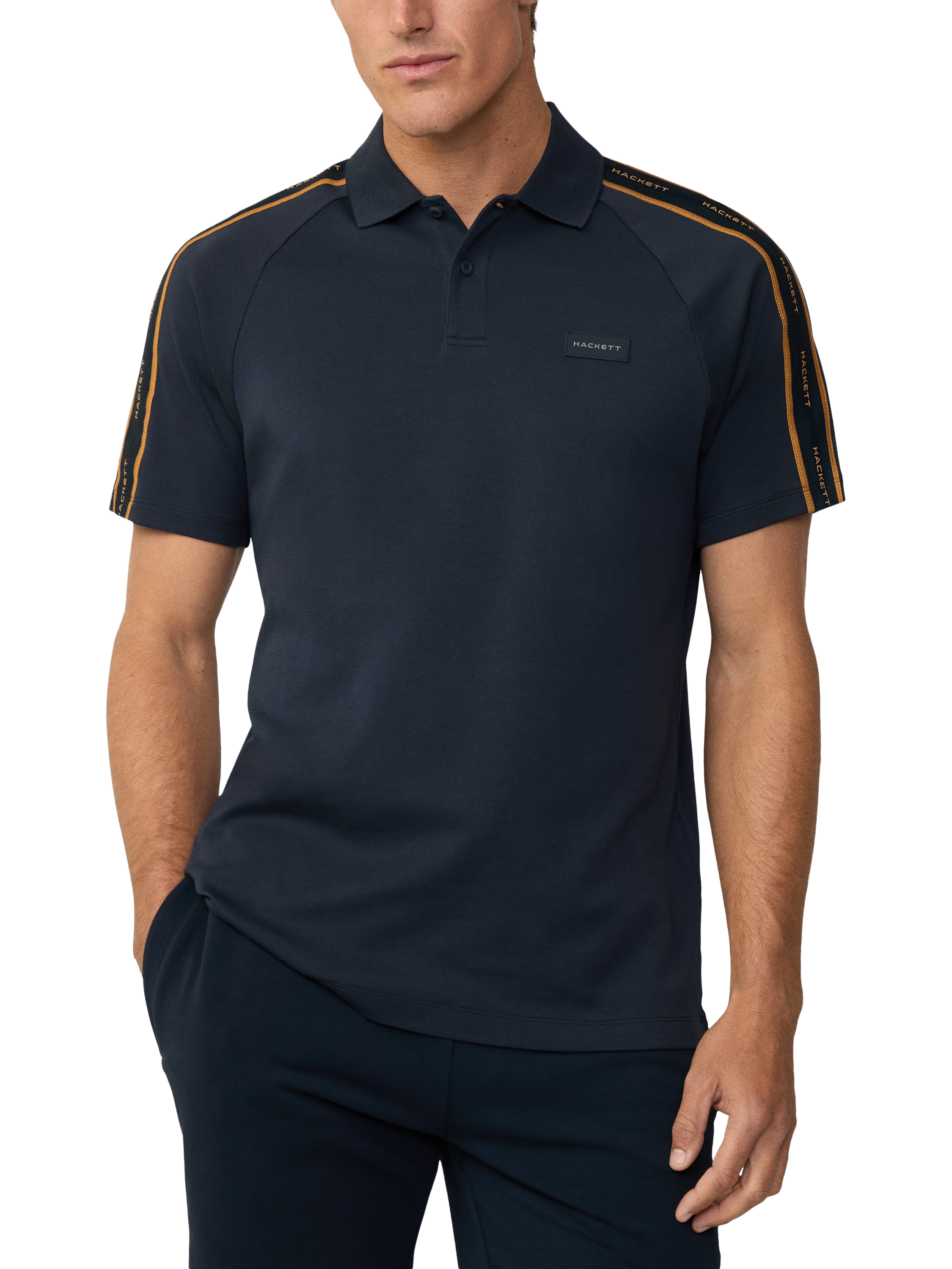 Product image 2 of 6, which shows Hackett London Sports Cotton Blend Regular Fit Short Sleeve Polo Shirt, Navy, XXL
