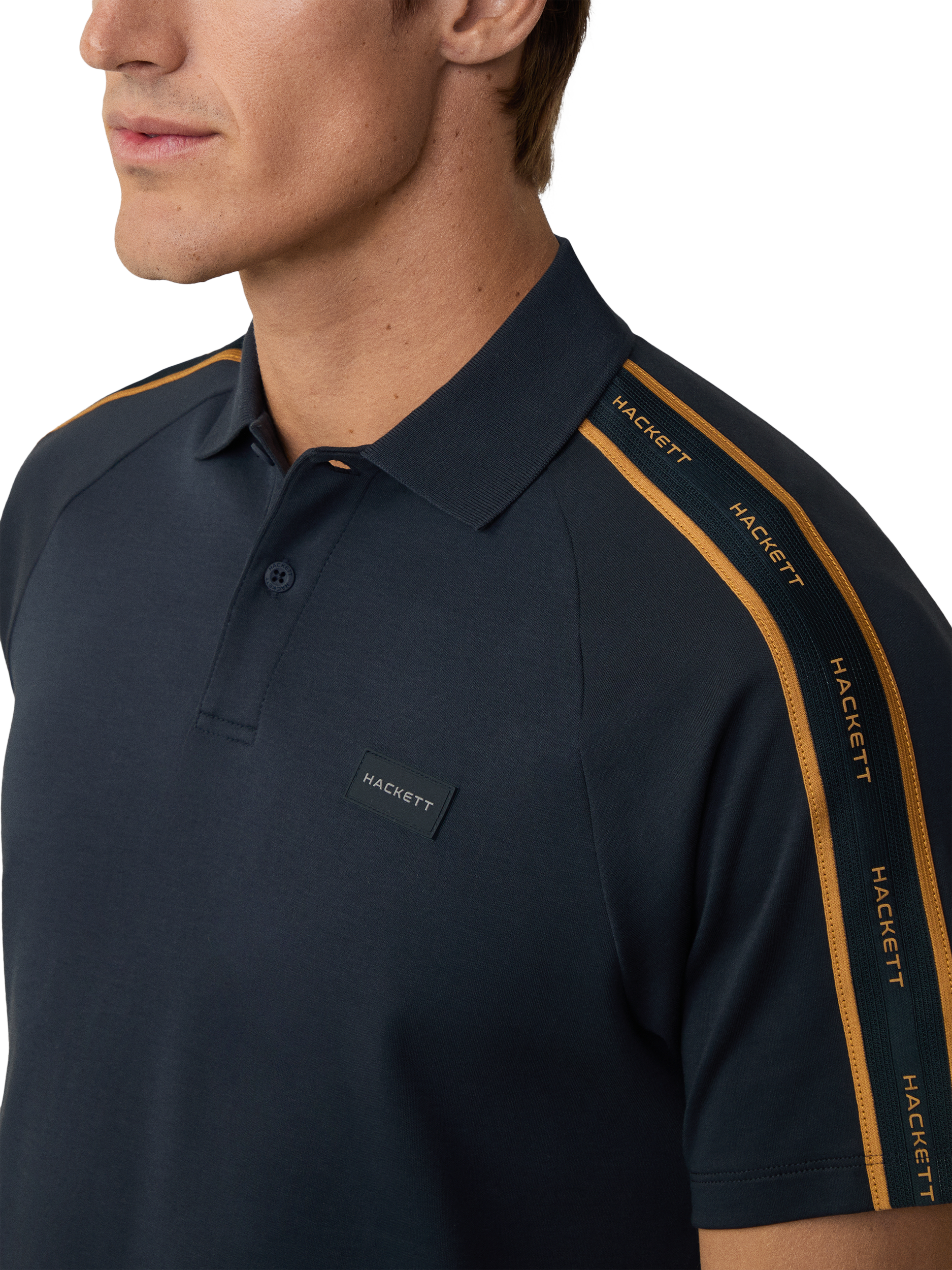 Product image 4 of 6, which shows Hackett London Sports Cotton Blend Regular Fit Short Sleeve Polo Shirt, Navy, XXL