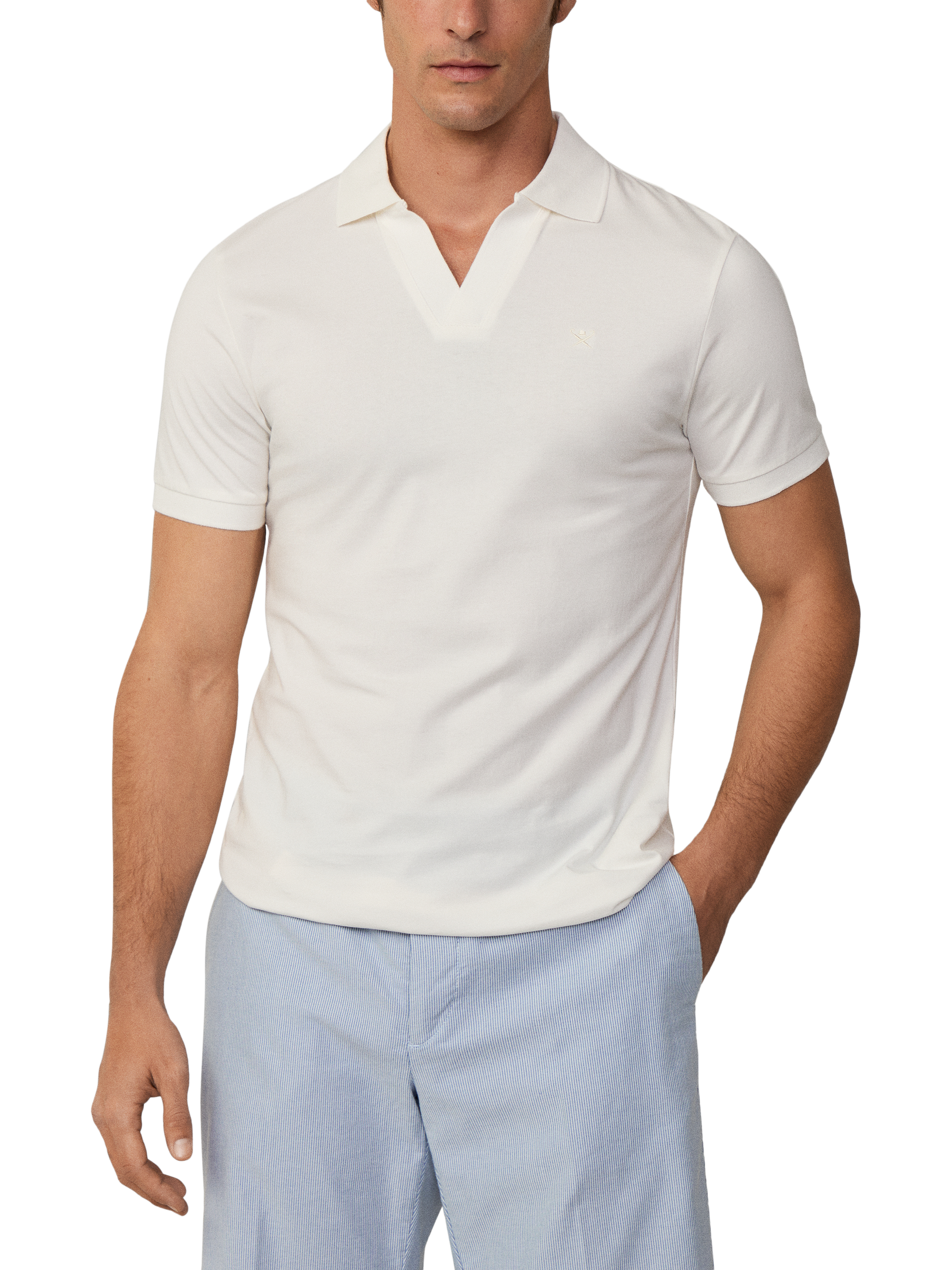 Product image 1 of 6, which shows Hackett London Cotton Regular Fit Open Johnny Collar Polo Shirt, Off White, XS