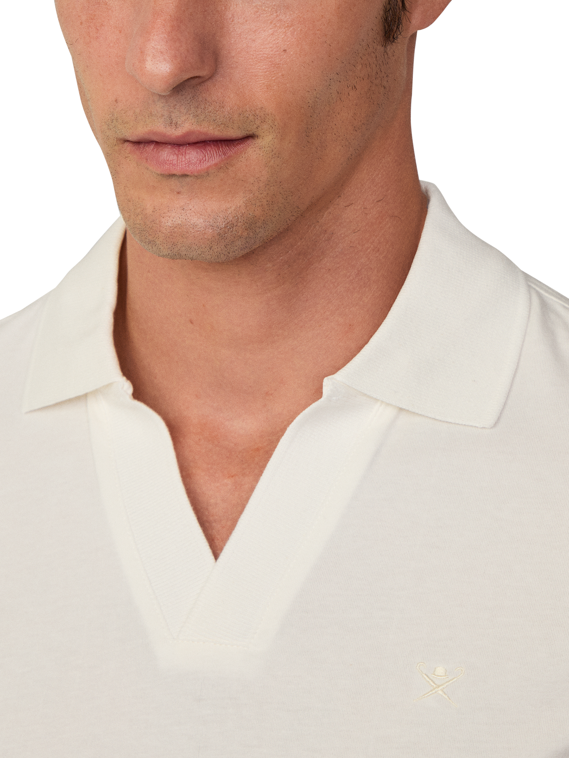 Product image 4 of 6, which shows Hackett London Cotton Regular Fit Open Johnny Collar Polo Shirt, Off White, XS