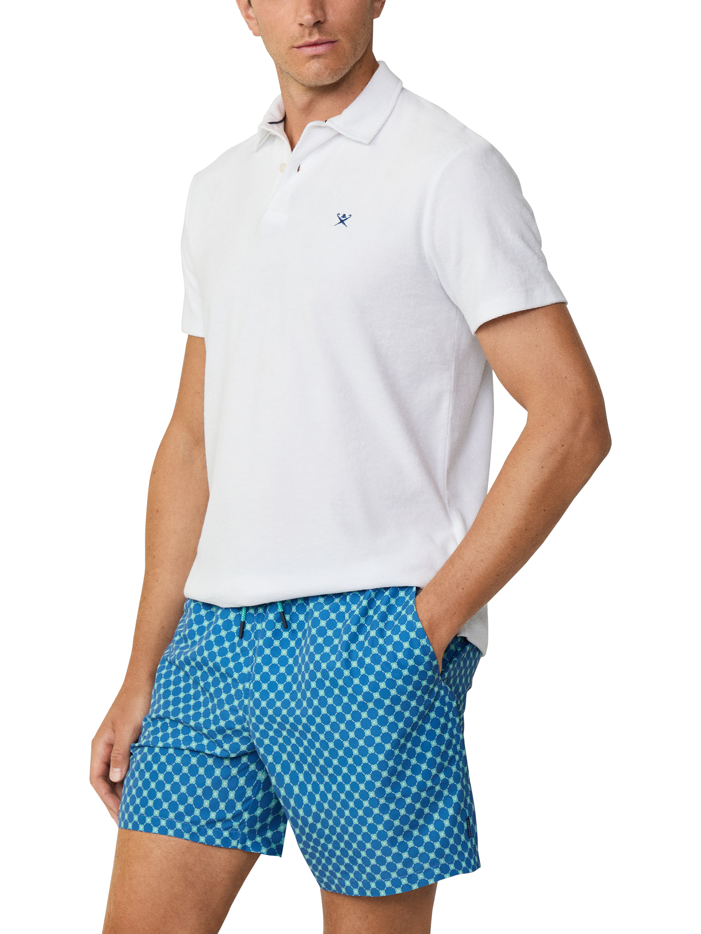 Product image 1 of 6, which shows Hackett London Cotton Regular Fit Towelling Knit Polo Shirt, Optic White, XXL