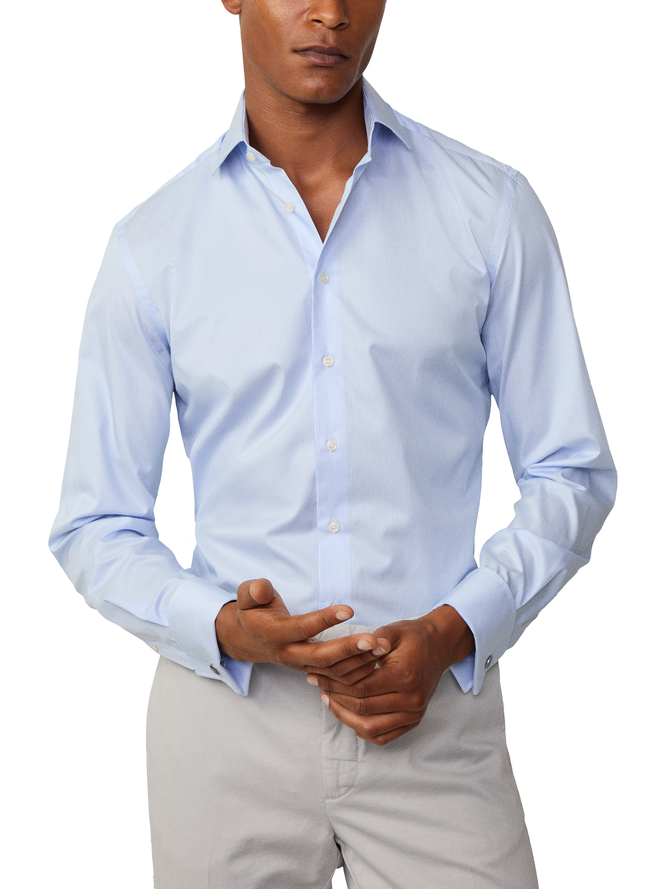 Product image 2 of 7, which shows Hackett London Cotton Tailored Fit Bengal Stripe Shirt, Sky Blue, S