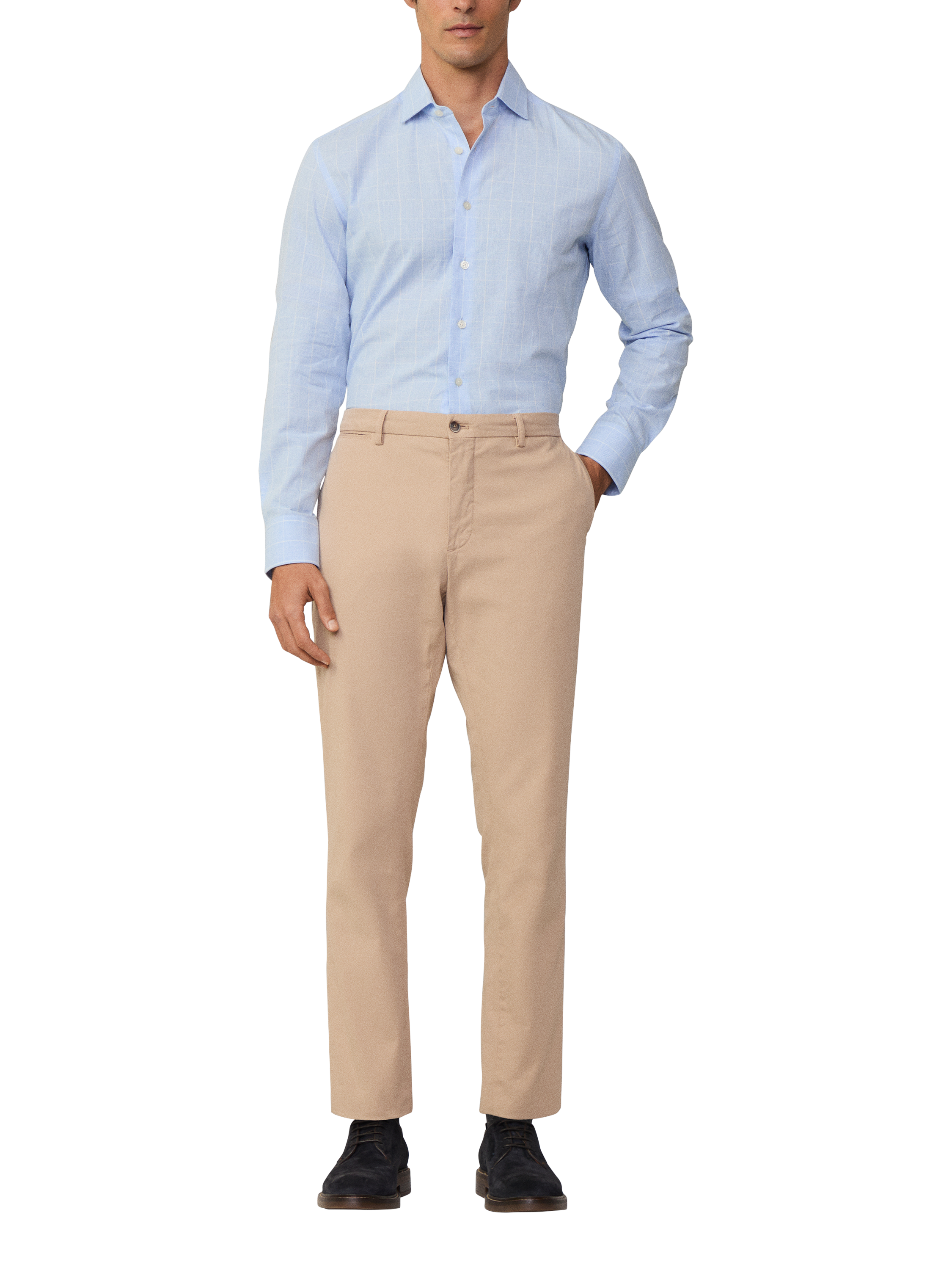 Product image 1 of 7, which shows Hackett London Linen Blend Tailored Fit Check Shirt, Sky Blue, XXL