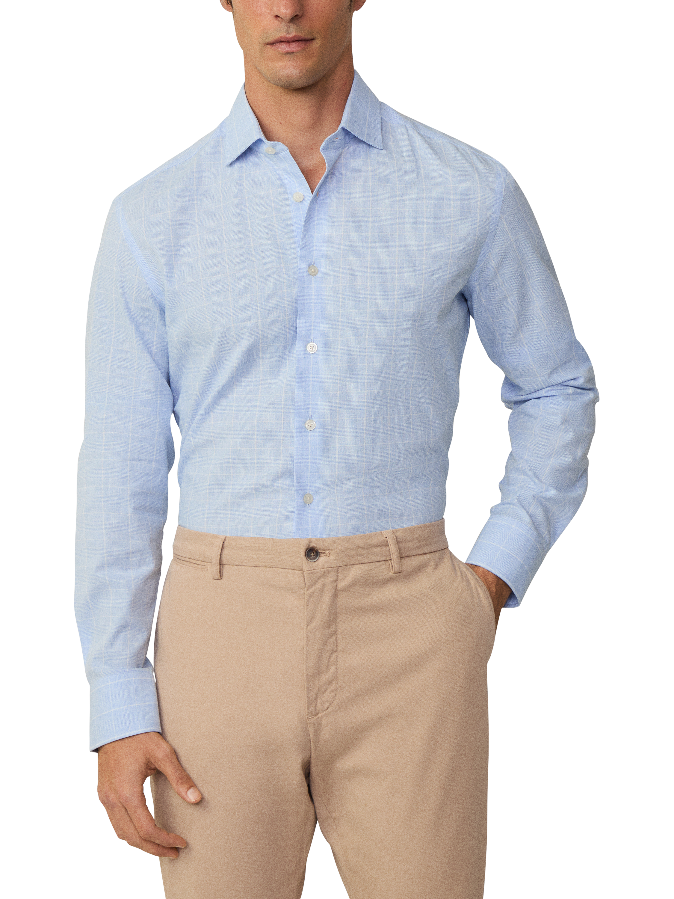 Product image 2 of 7, which shows Hackett London Linen Blend Tailored Fit Check Shirt, Sky Blue, XXL