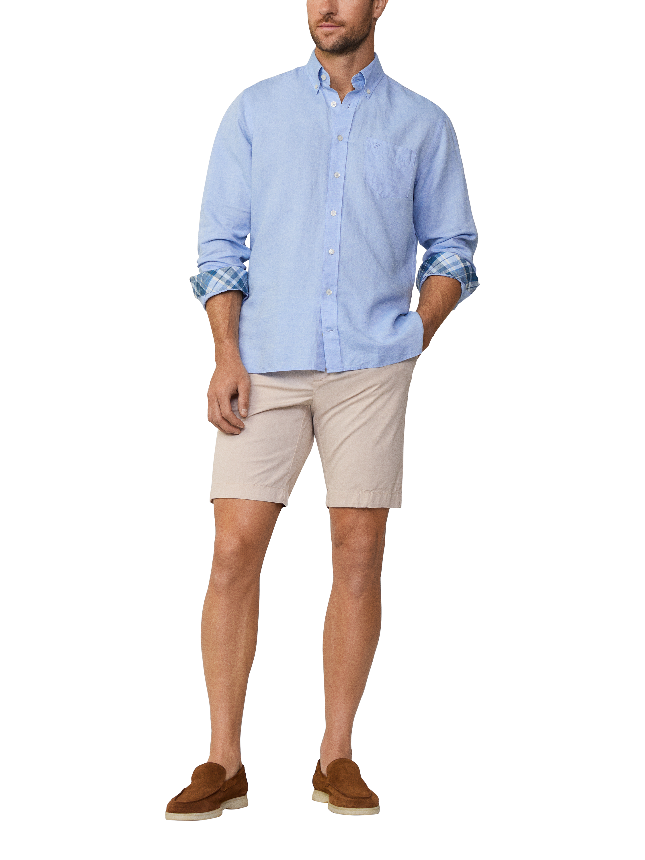 Product image 1 of 7, which shows Hackett London Regular Fit Linen Cotton Blend Shirt, Spa Blue, XXXL