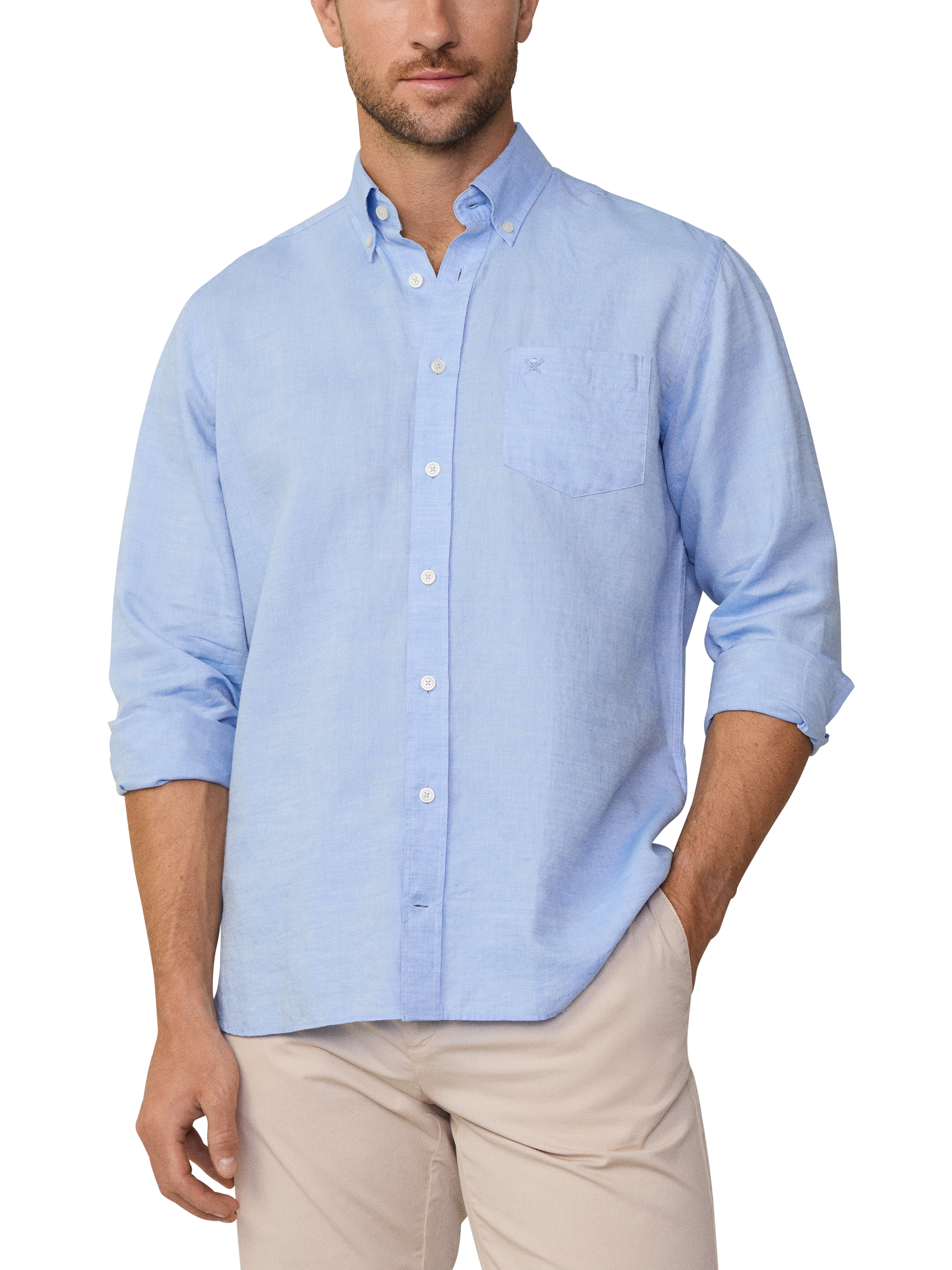 Product image 2 of 7, which shows Hackett London Regular Fit Linen Cotton Blend Shirt, Spa Blue, XXXL