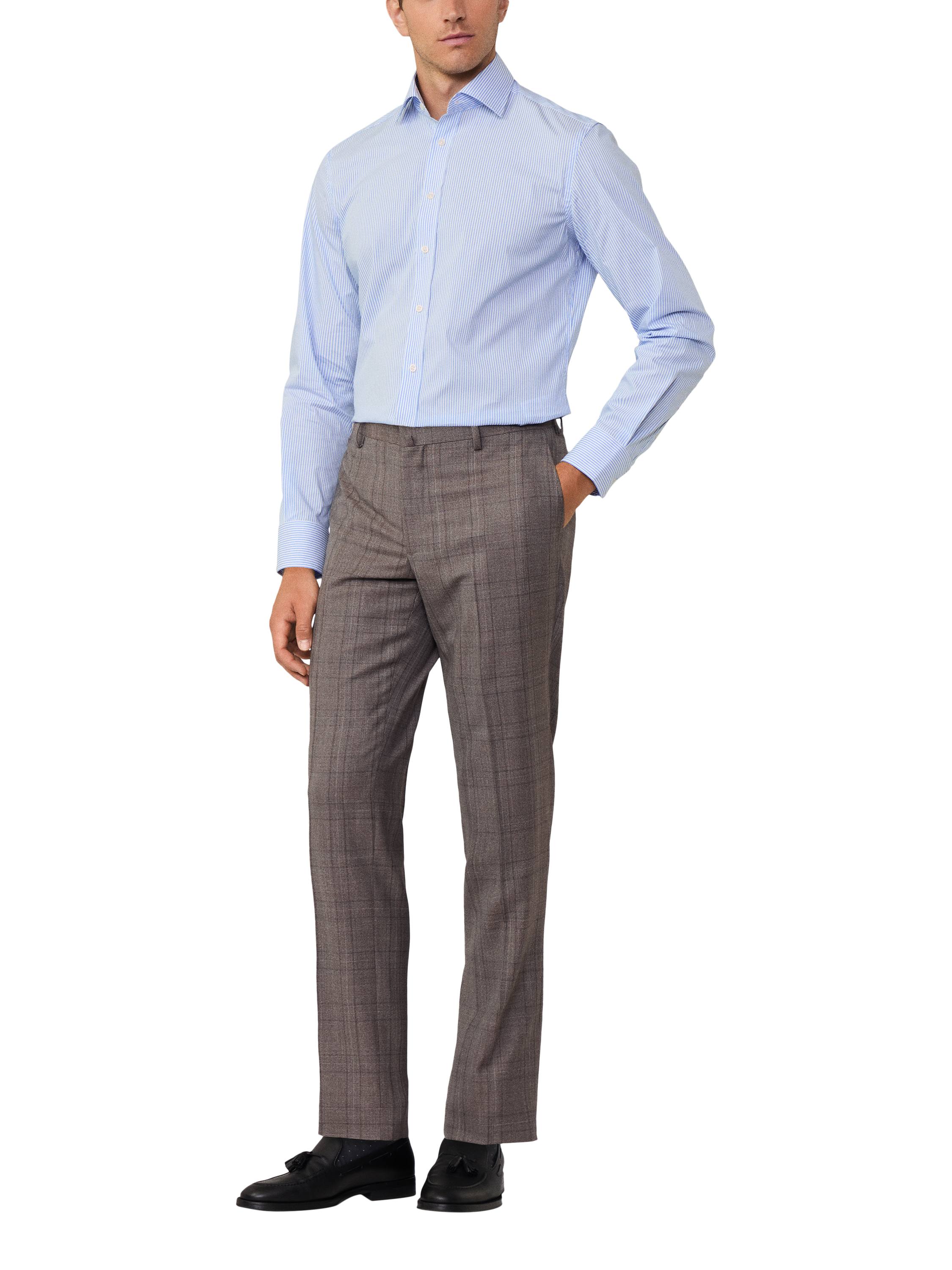 Product image 1 of 7, which shows Hackett London Cotton Tailored Fit Bengal Stripe Shirt, White/Sky, S