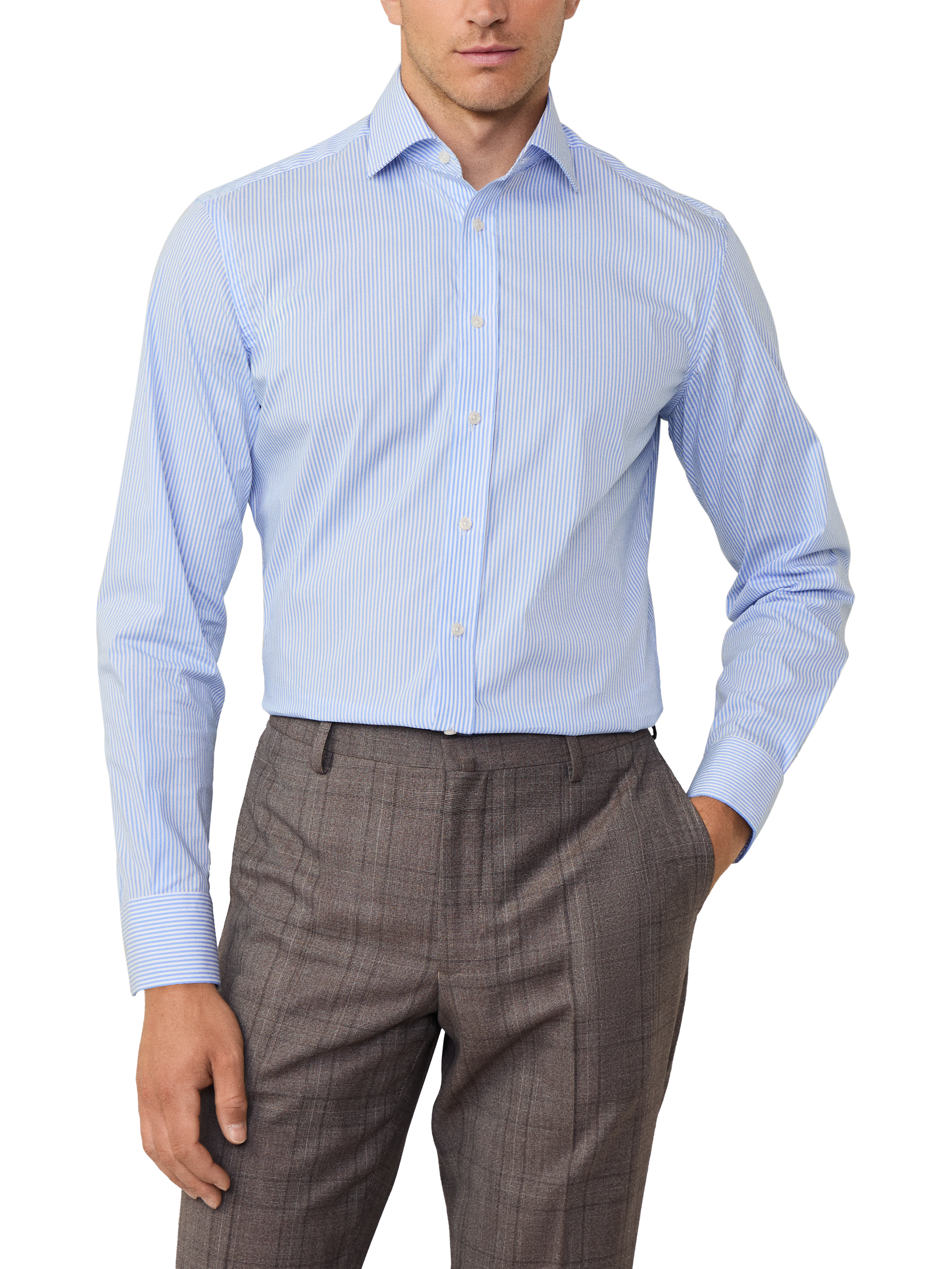 Product image 2 of 7, which shows Hackett London Cotton Tailored Fit Bengal Stripe Shirt, White/Sky, S