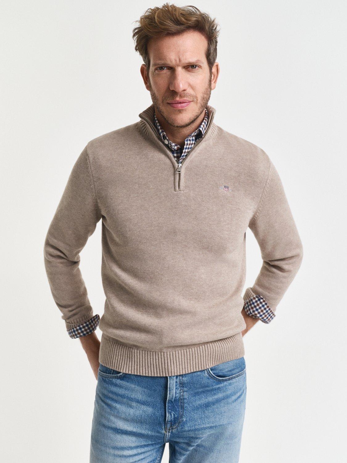 Product image 1 of 2, which shows GANT Half Zip Cotton Jumper, Dk. Sand Melange, XL