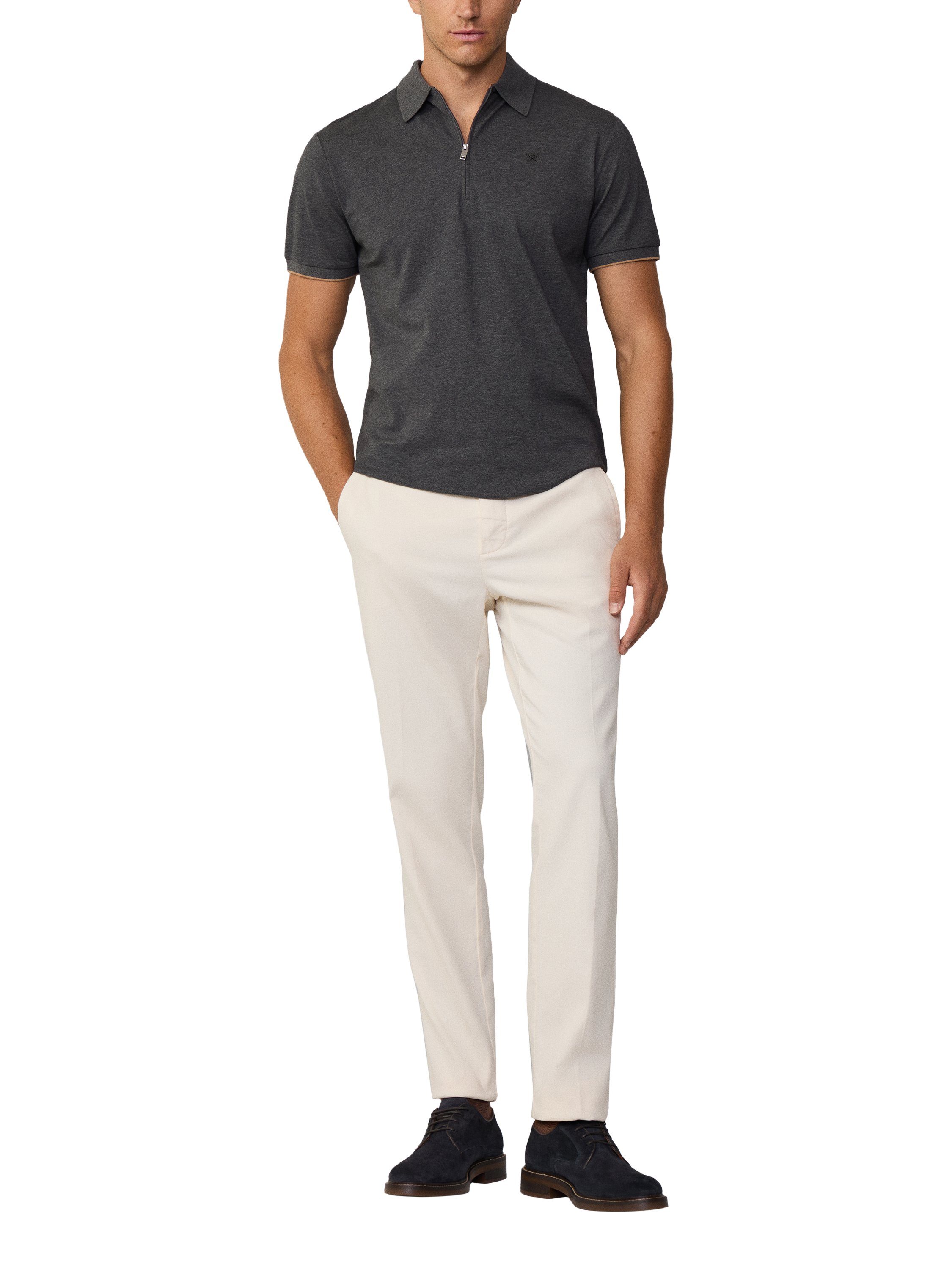Product image 1 of 6, which shows Hackett London Cotton Zip-Up Polo Shirt, Granite Grey, L