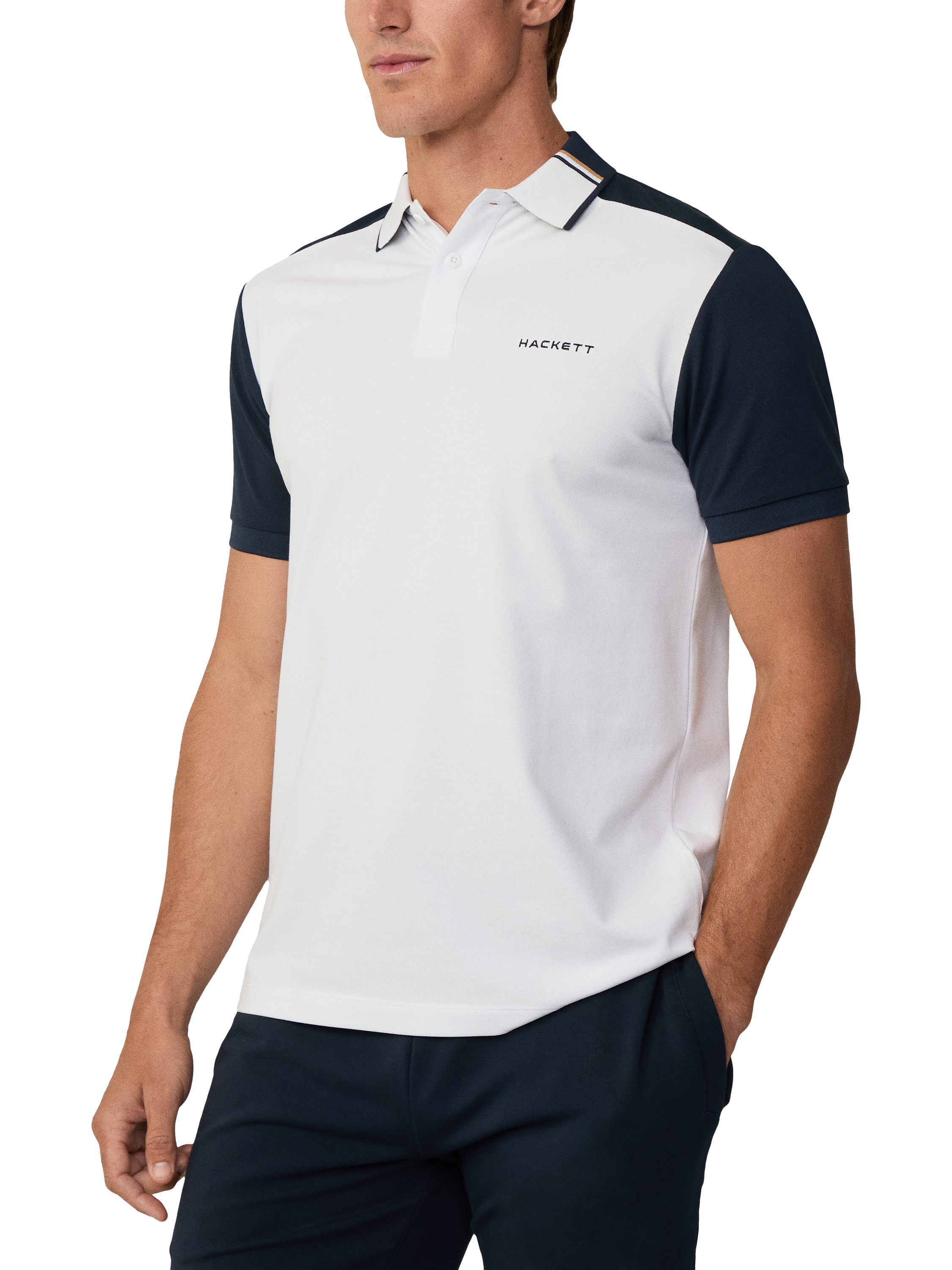 Product image 2 of 6, which shows Hackett London Cotton Blend Regular Fit Sports Polo Shirt, White/Navy, XS