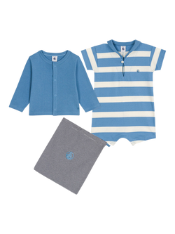 Petit Bateau Baby Cotton Cardigan & Romper Set, Alaska/Multico, Alaska/Multico