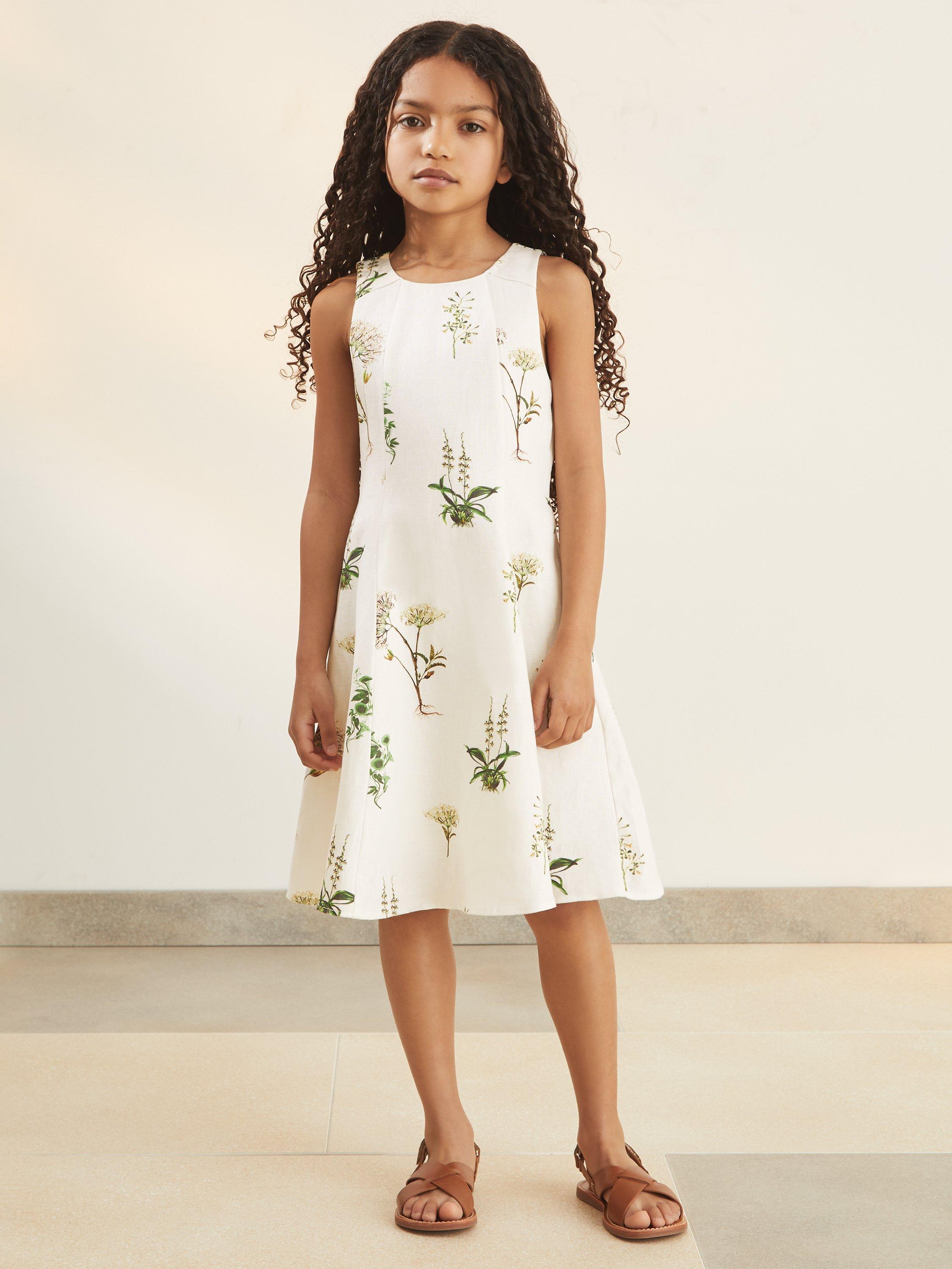 Reiss New York Botanical Gardens Kids' Elise Linen Botanical Flared Dress, Ivory